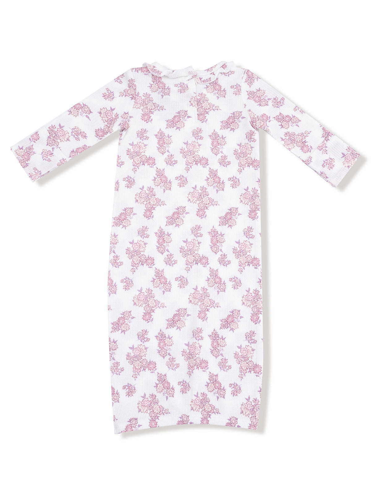 Long-sleeve dress with a white background and pink floral pattern, ideal for casual wear.