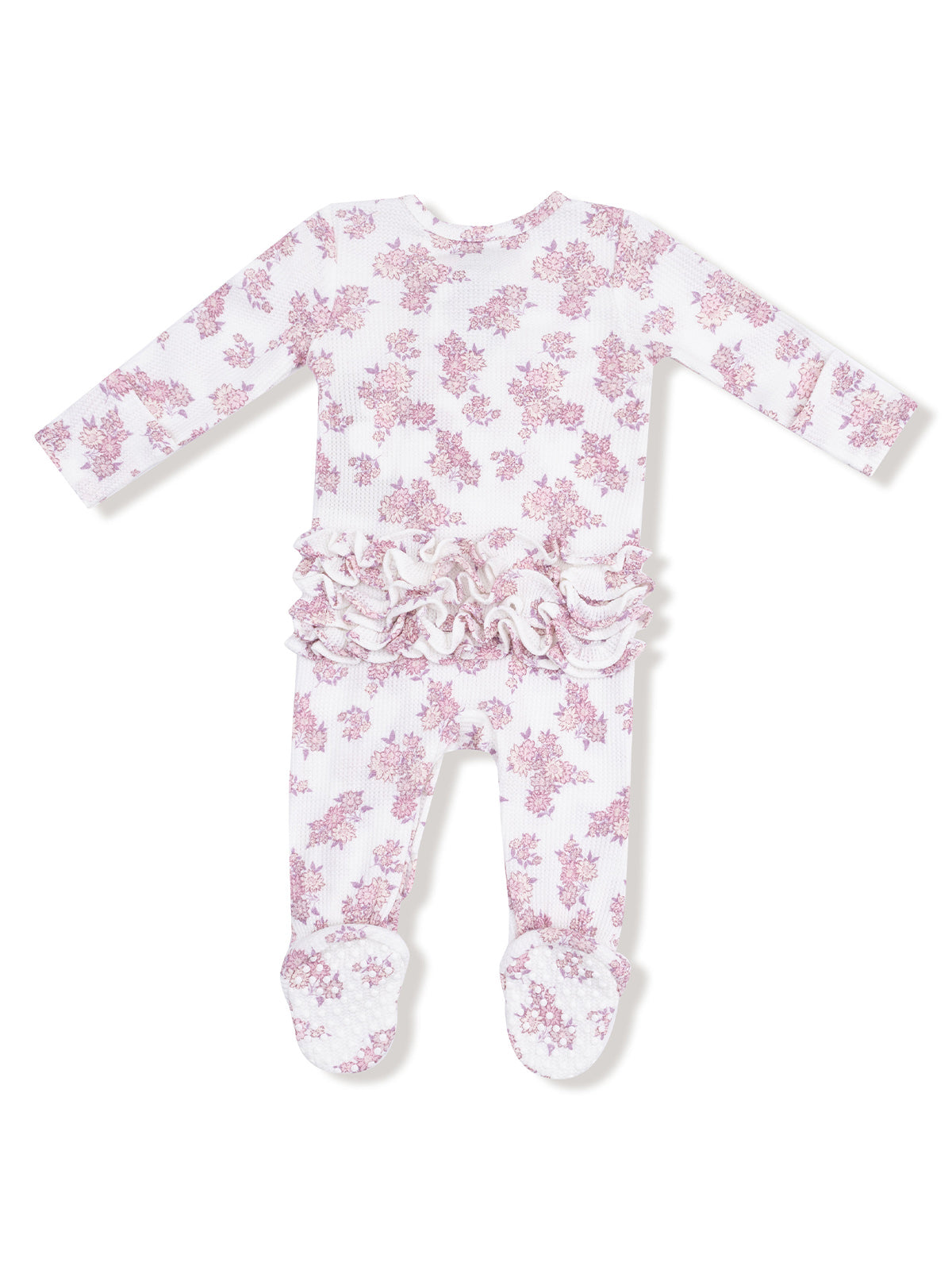 Pink floral-patterned baby onesie with ruffle detailing and footed design. Perfect for cozy comfort.