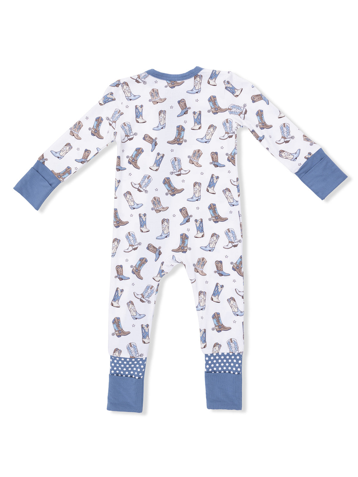 Back view of a children’s onesie decorated with colorful cowboy boots on a white background.