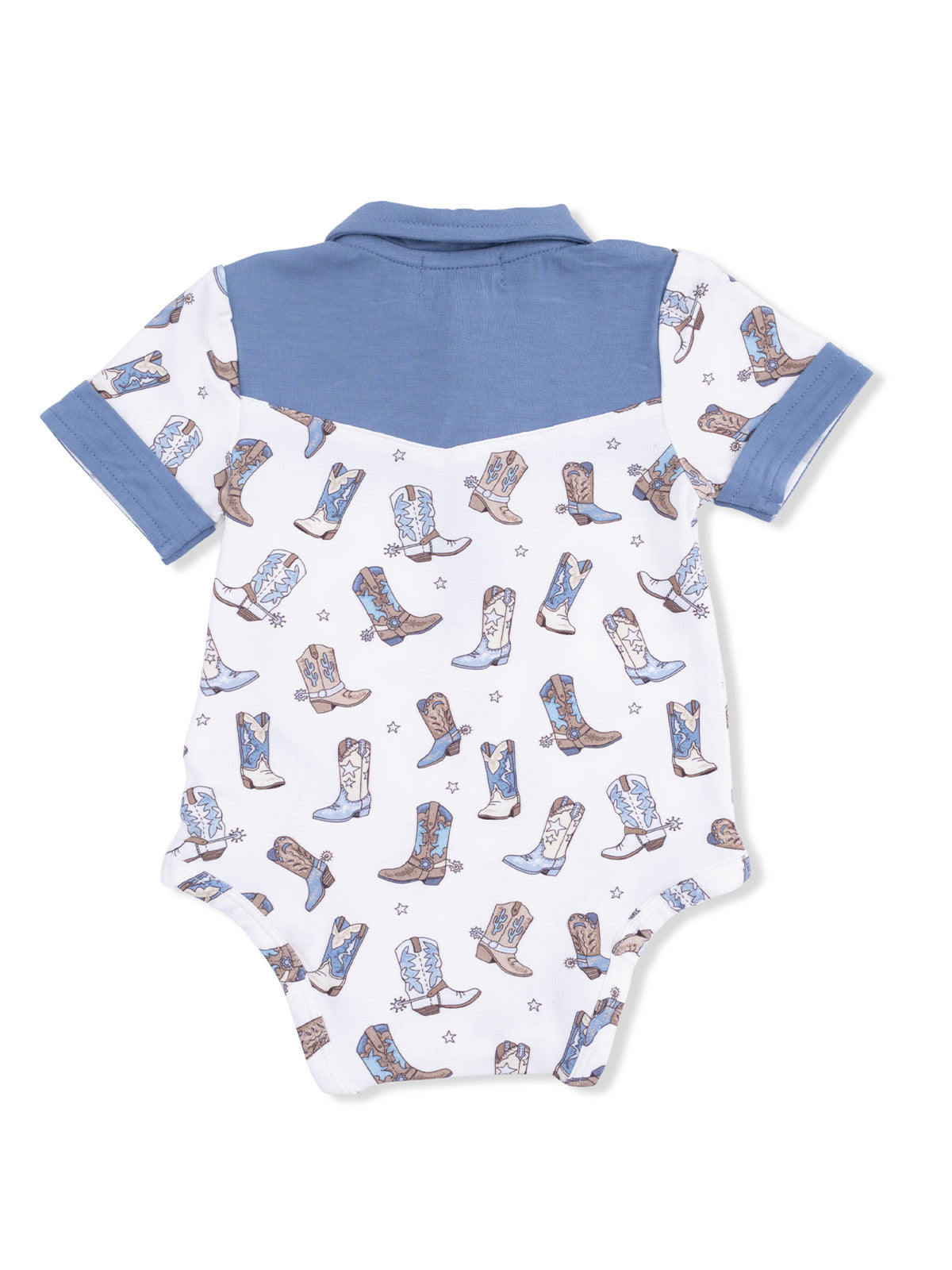 Back view of a baby onesie featuring a pattern of colorful cowboy boots on a white background.