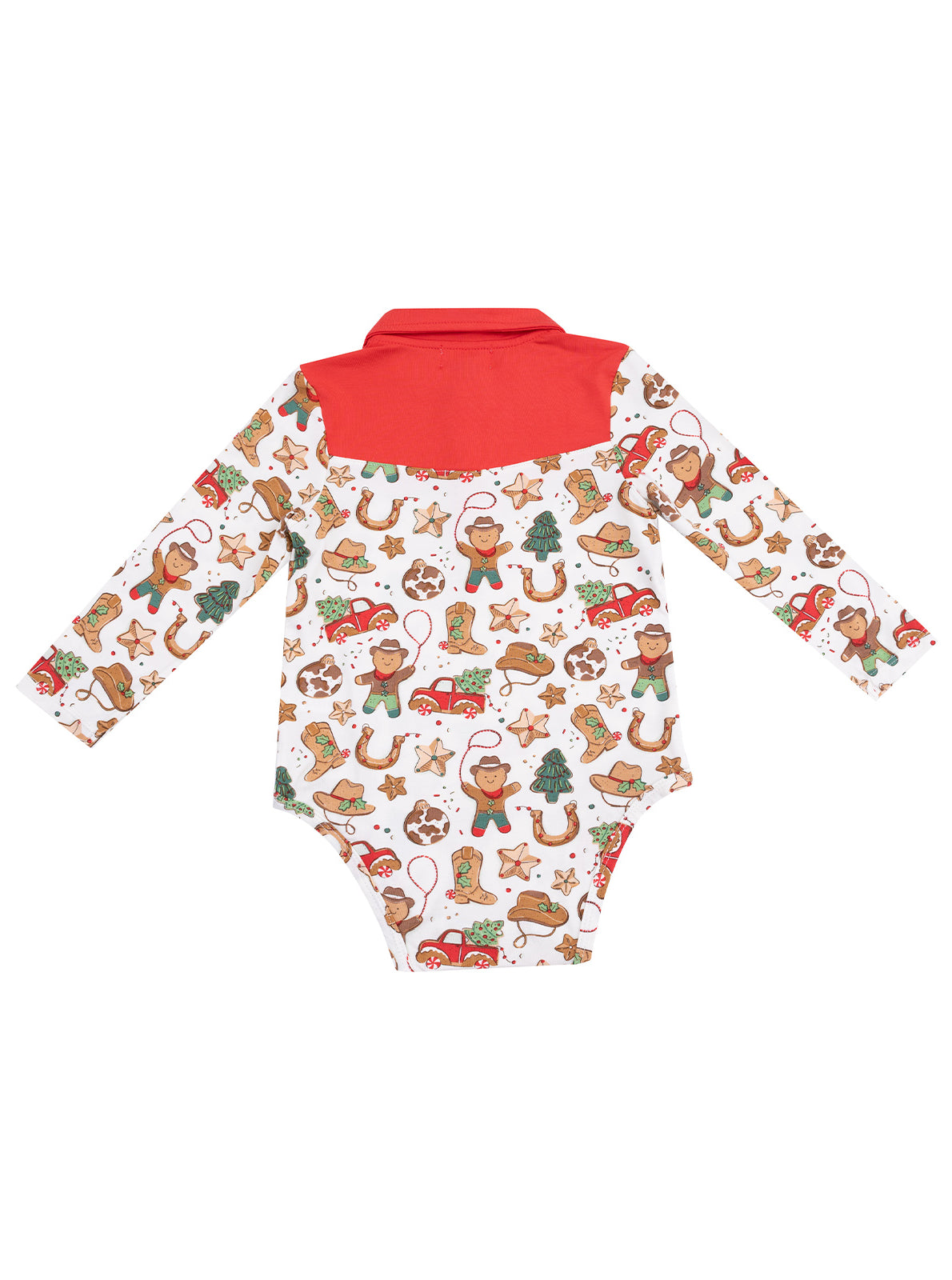 Red-collared baby onesie with festive holiday patterns of gingerbread men, trees, and ornaments on a white background.