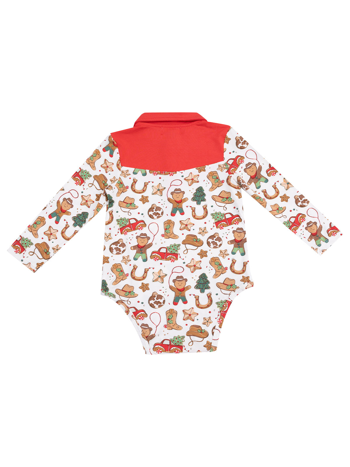 Red-collared baby onesie with festive holiday patterns of gingerbread men, trees, and ornaments on a white background.
