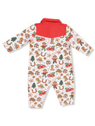 Back view of a playful children's romper with festive animal and holiday-themed patterns. Red collar detail.