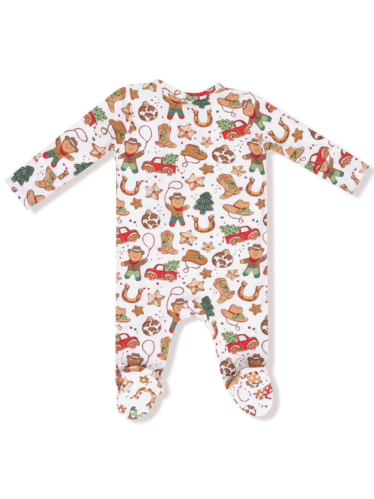 One-piece baby outfit featuring playful holiday-themed patterns including bears, trees, and stars.