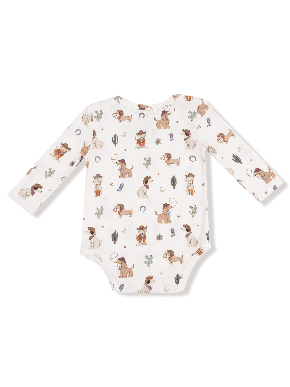 Long-sleeve baby onesie with a playful cowboy and dog print on a light background.