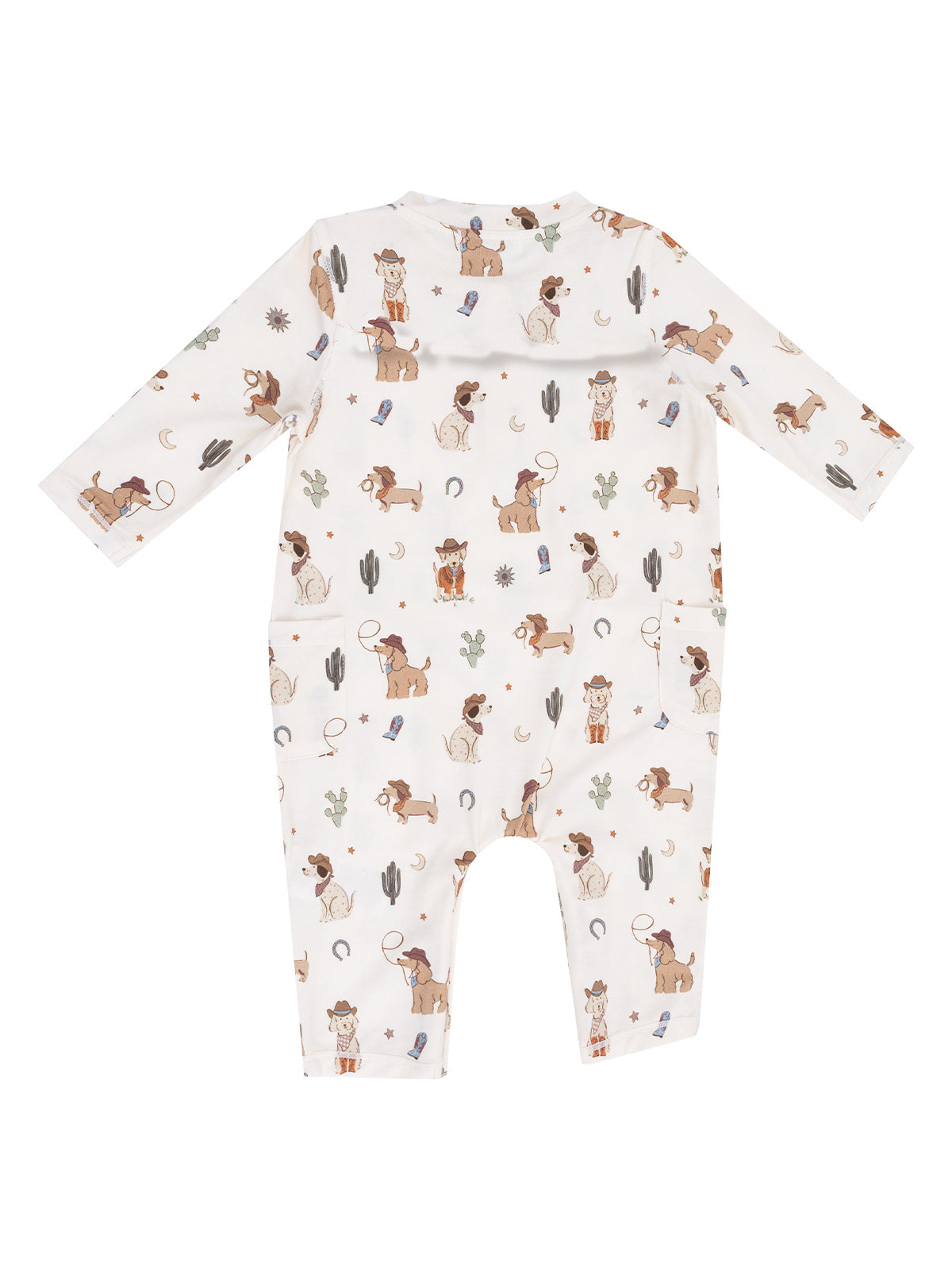 Children's romper covered in playful cowboy and dog illustrations with cactus and star patterns.