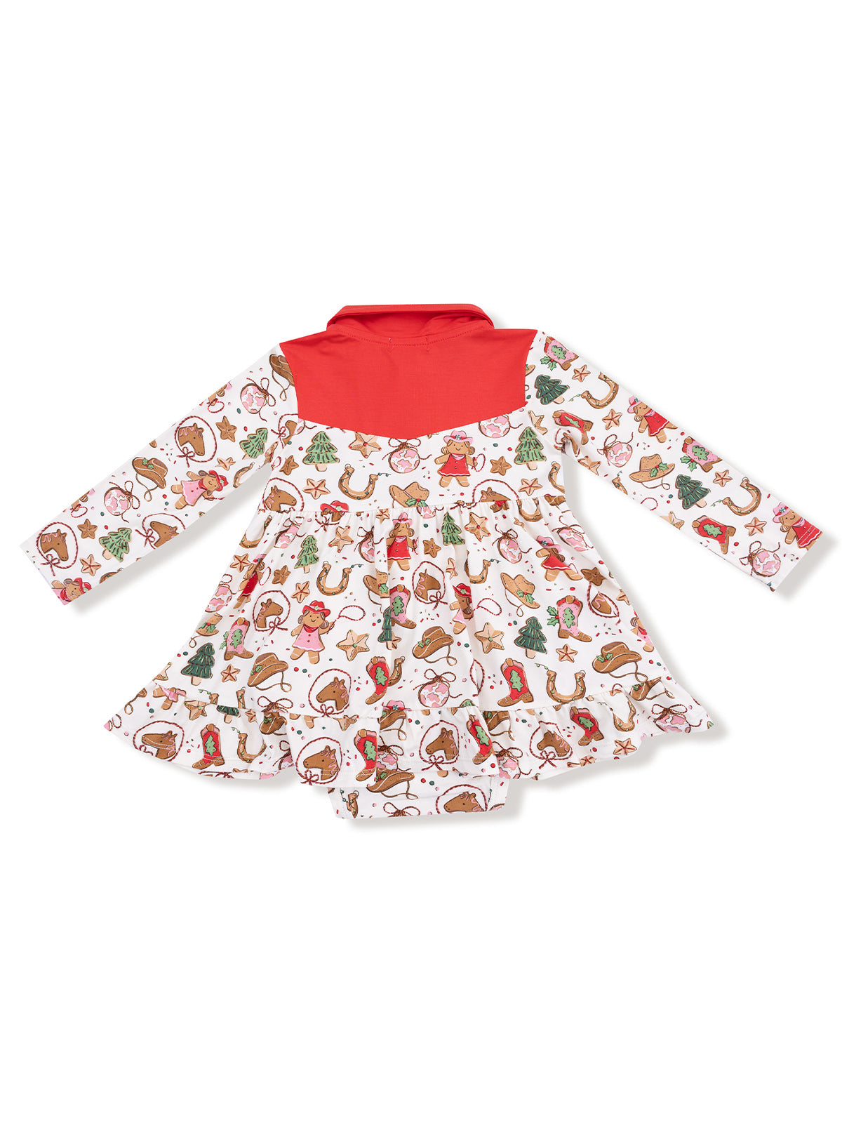 Red and white dress with festive holiday patterns, featuring gingerbread men, trees, and Santa.
