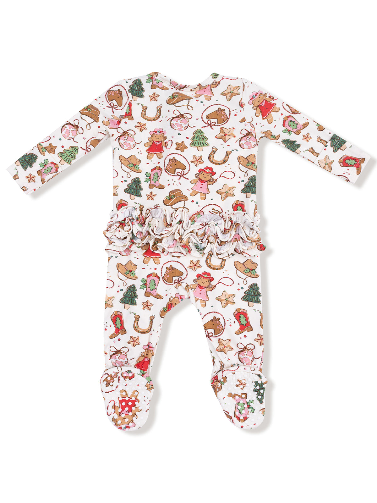 White infant onesie with colorful holiday-themed patterns, including gingerbread, trees, and stars.