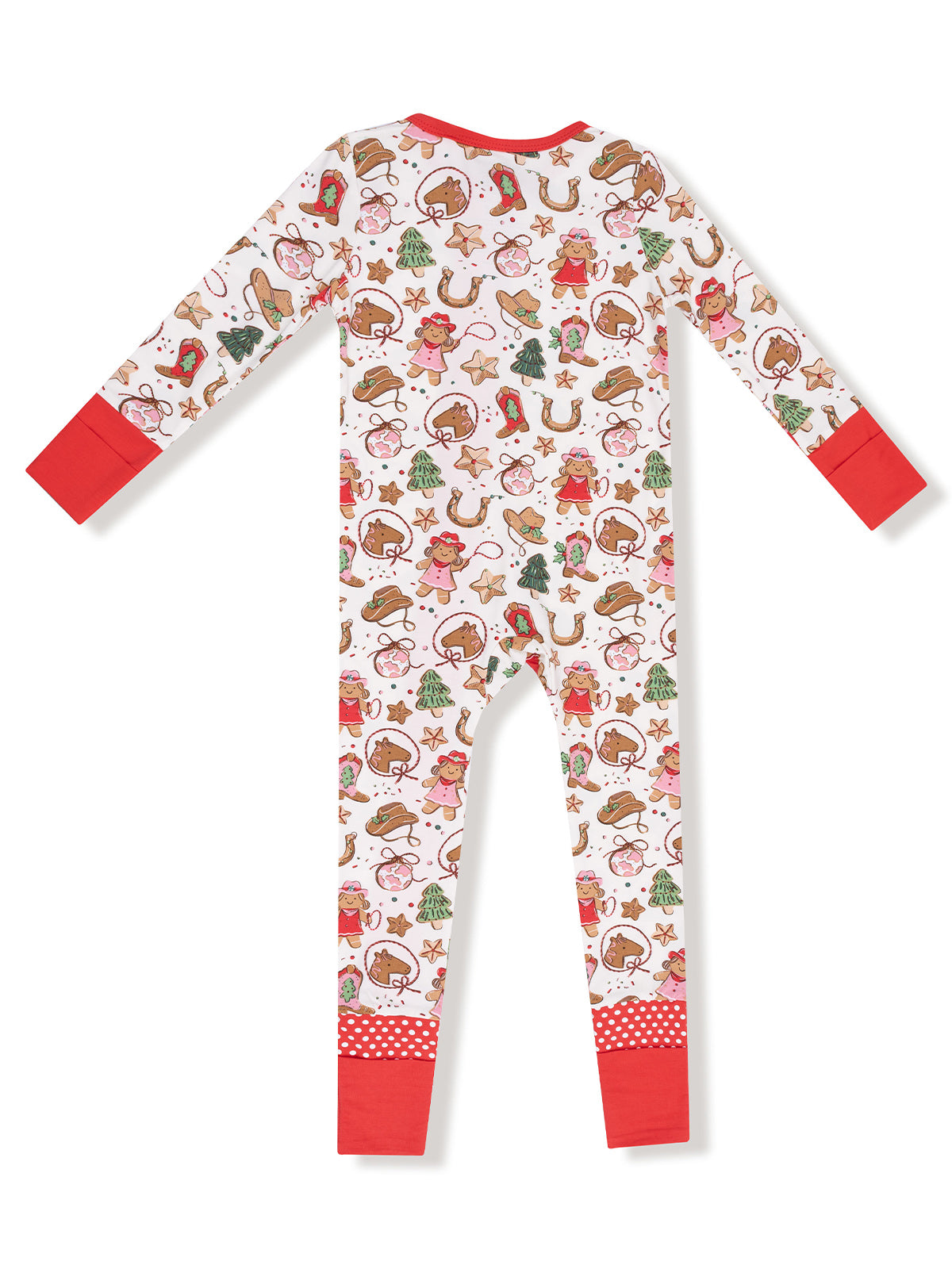 Red and white pajama set featuring a fun holiday pattern of gingerbread, ornaments, and Christmas trees.