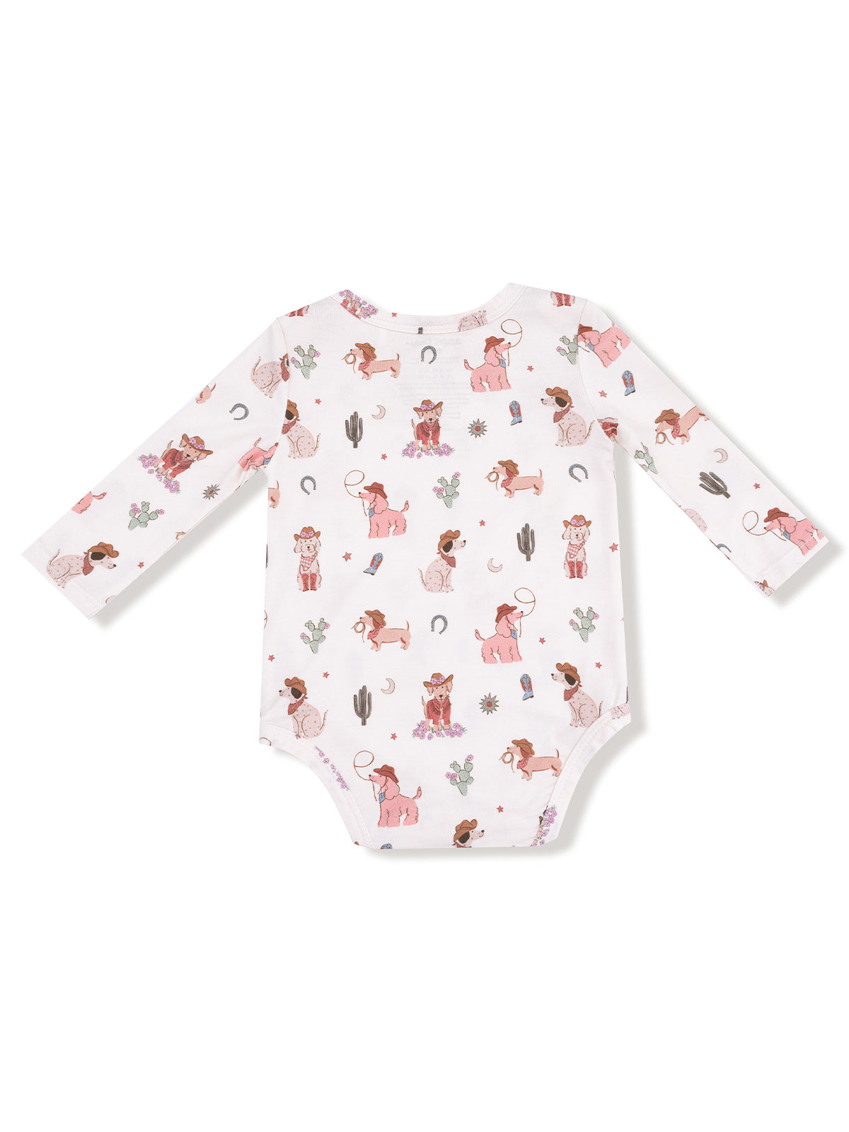 Long-sleeve baby onesie featuring a playful dog print with cacti and western motifs against a white background.