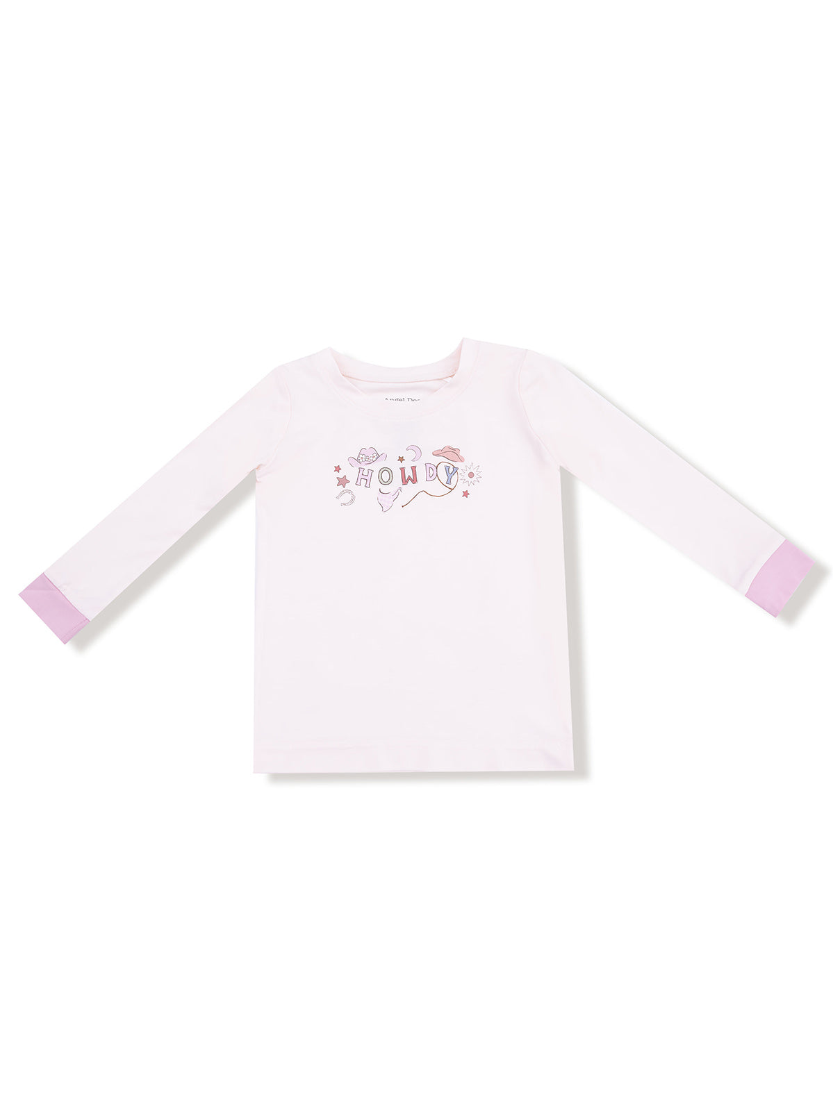 Long-sleeve pink shirt with "HOWDY" graphic and pastel accents on sleeves. Perfect for casual wear.