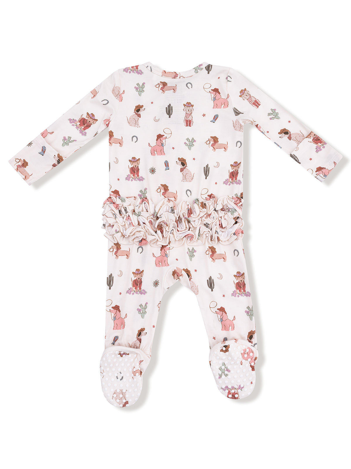 Baby romper with a playful western animal print and ruffled trim, featuring footed design and long sleeves.
