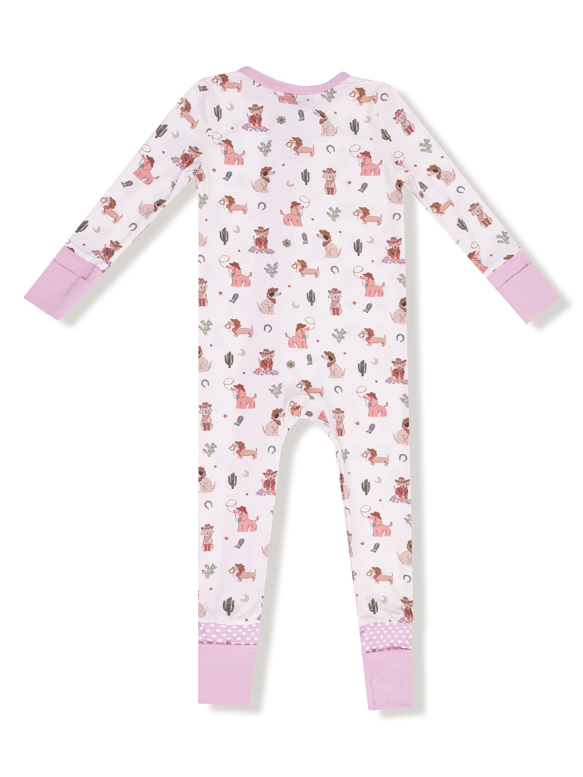 Girls' pajamas with playful animal print, long sleeves, and purple accents, viewed from the back.