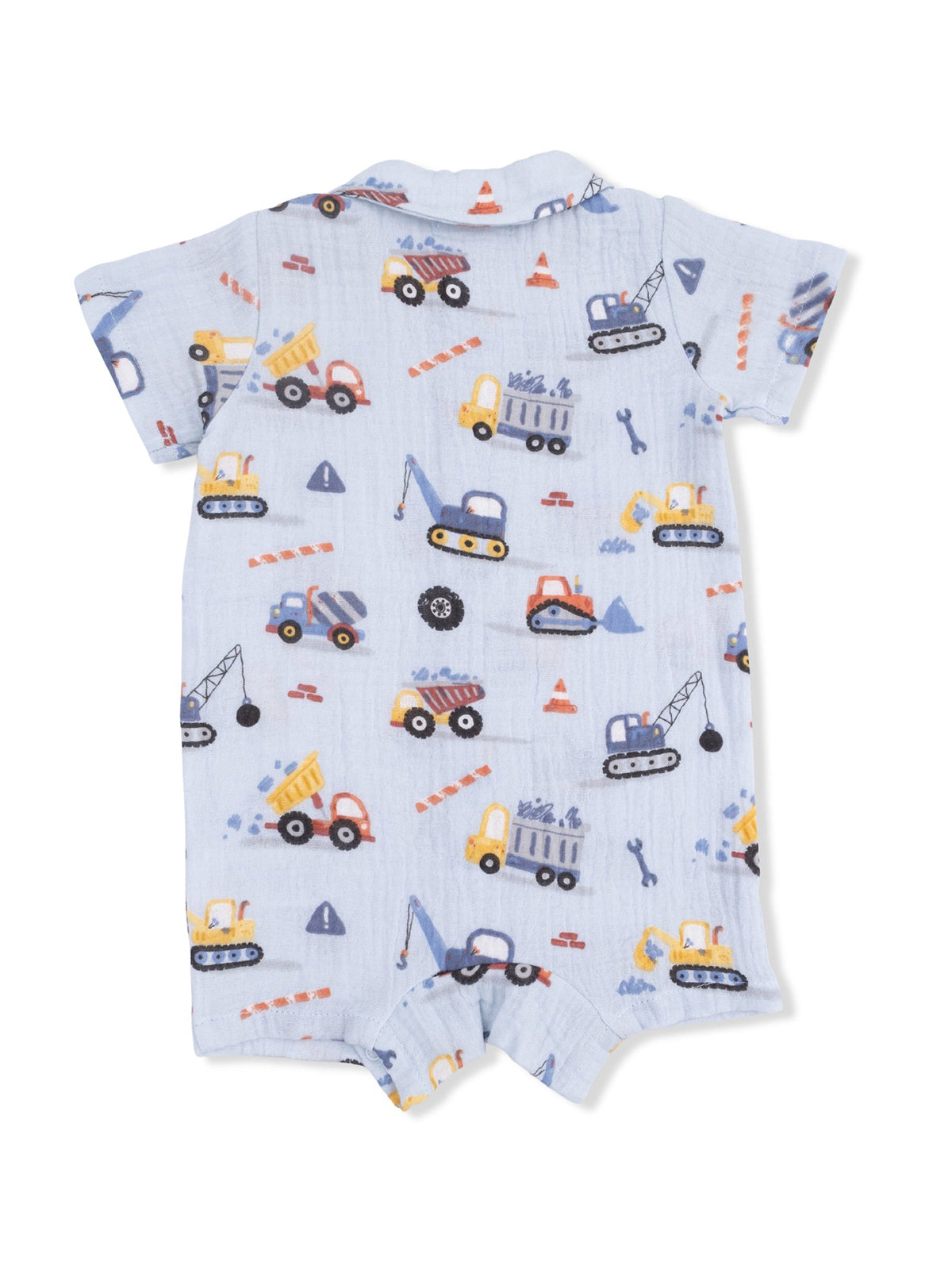 Light blue baby onesie with colorful construction vehicle prints. Soft fabric suitable for toddlers.