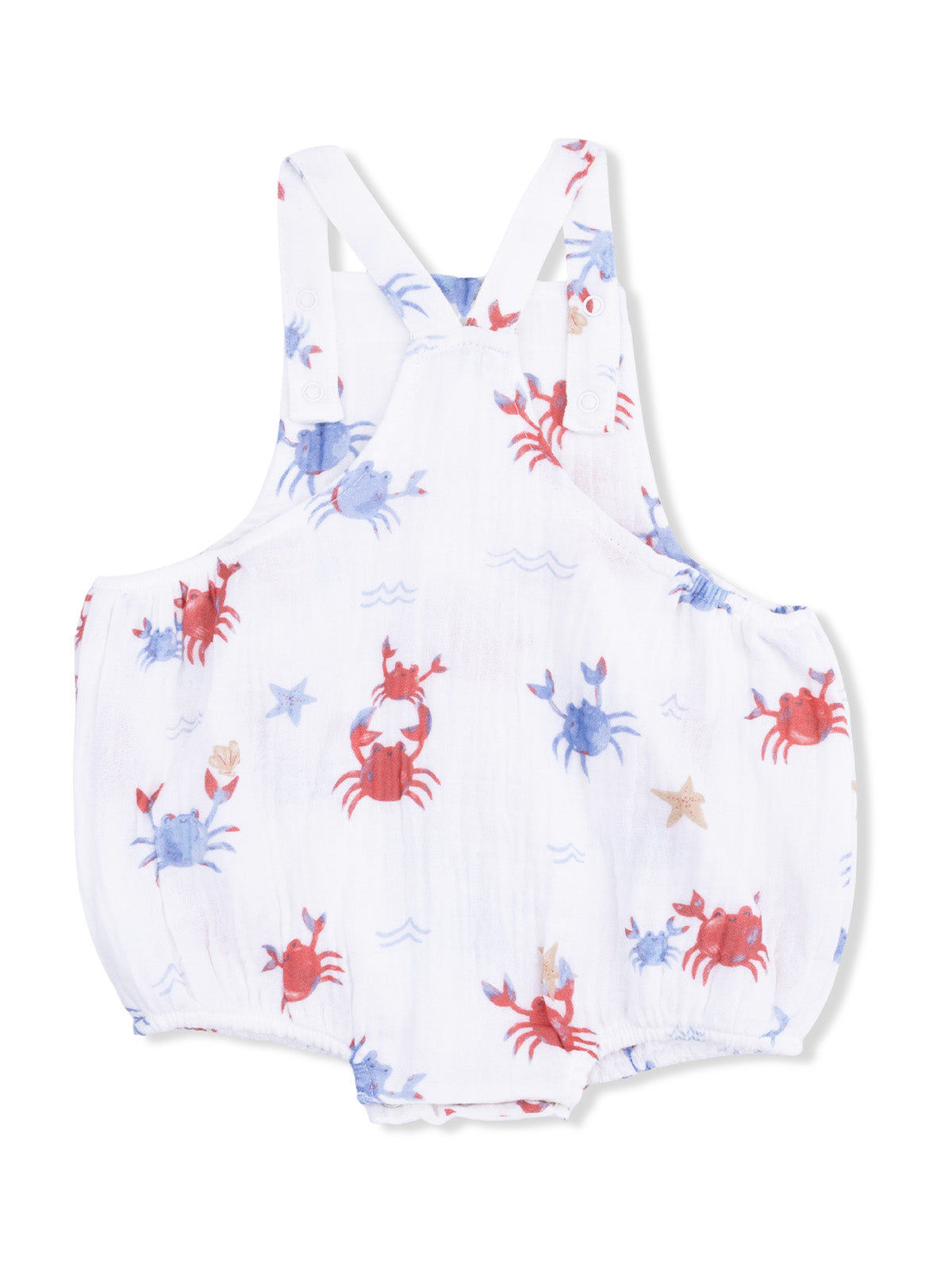 White romper featuring playful red and blue crab prints on a light background. Ideal for summer wear.