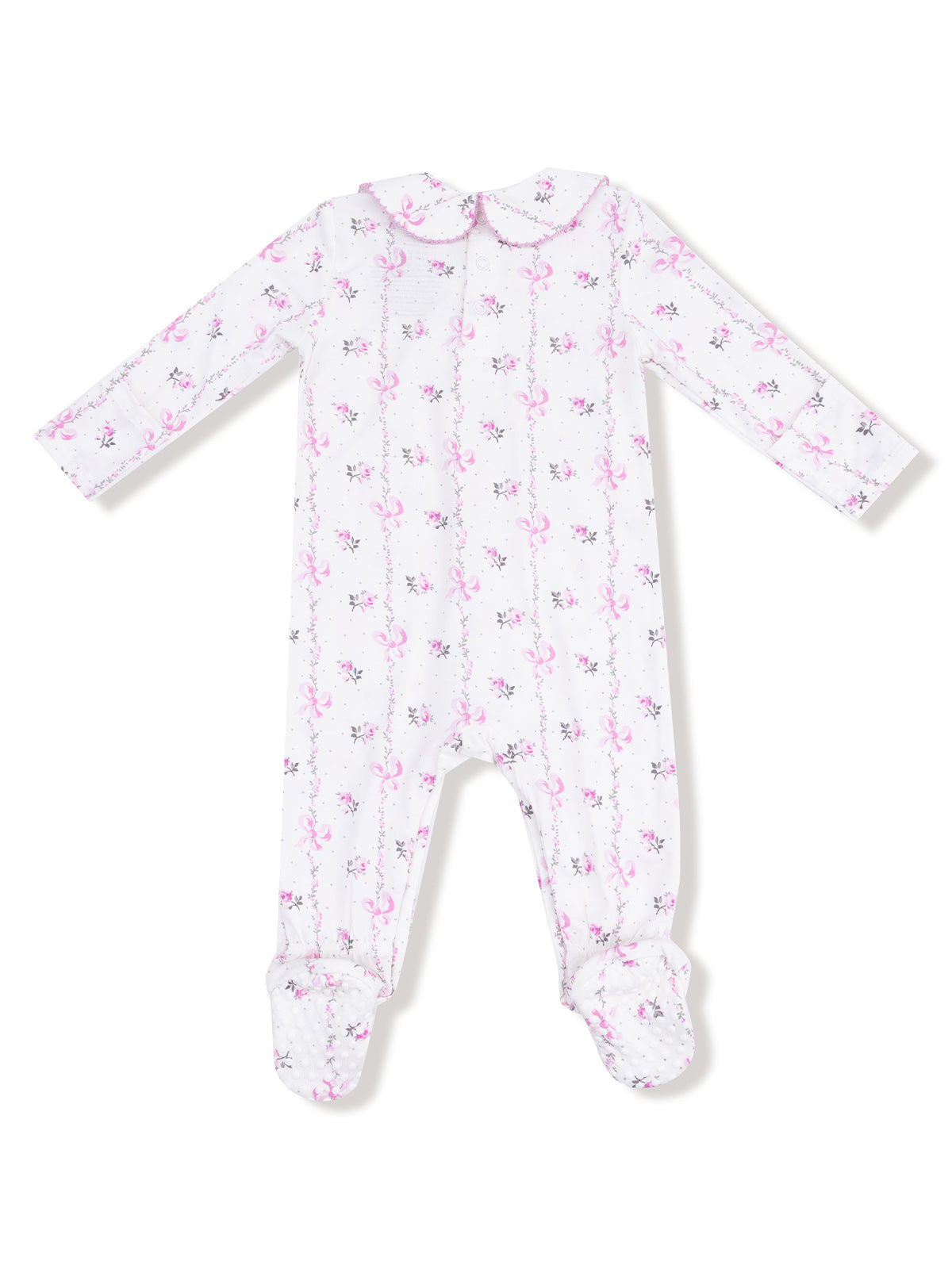 Pink floral baby onesie with long sleeves and footed design, featuring a Peter Pan collar.