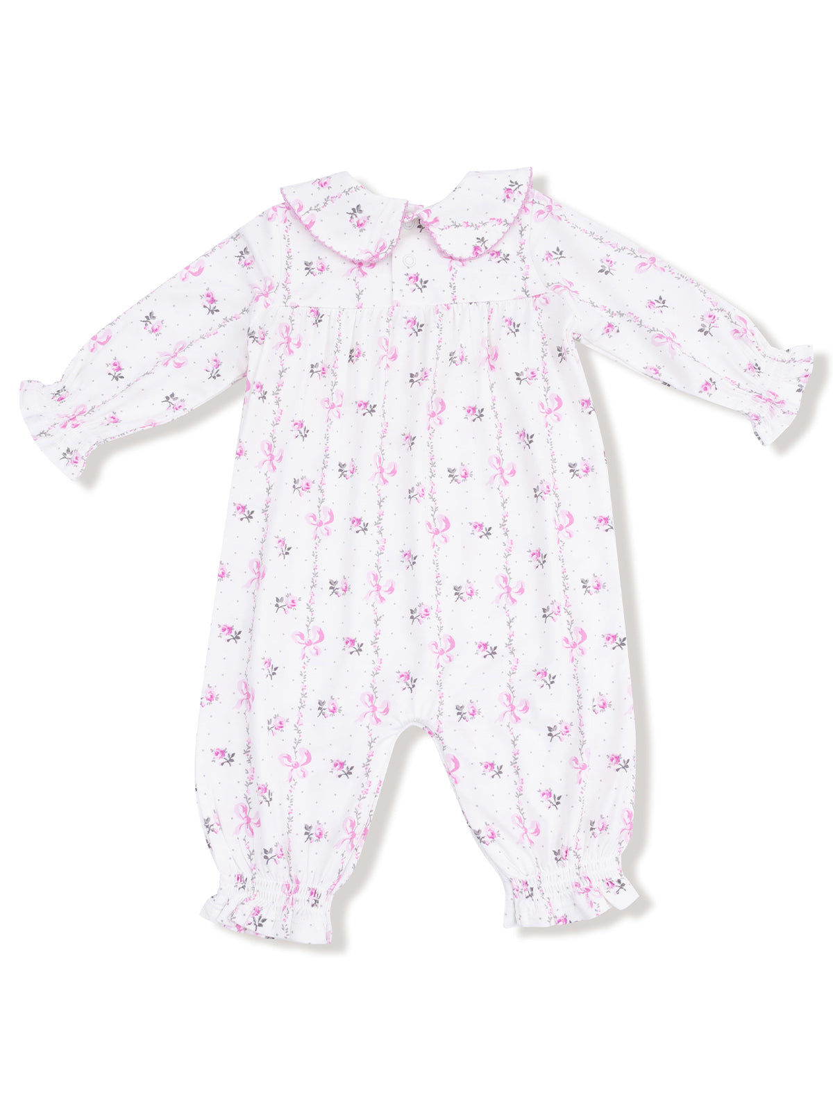 White baby romper with pink floral pattern and ruffled collar, featuring long sleeves and elastic cuffs.