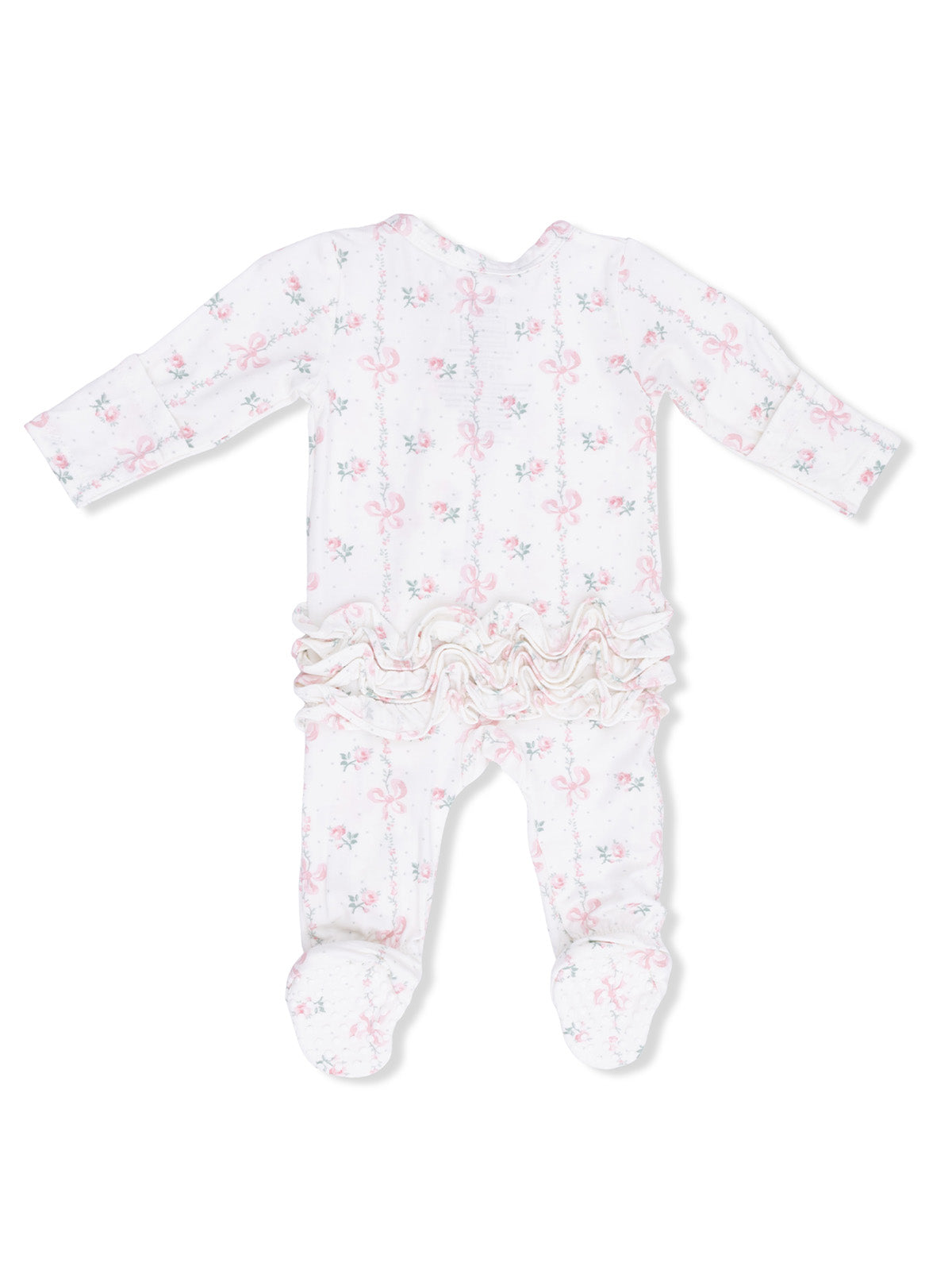 White baby onesie with pink floral and ribbon patterns, featuring ruffled detailing on the back.