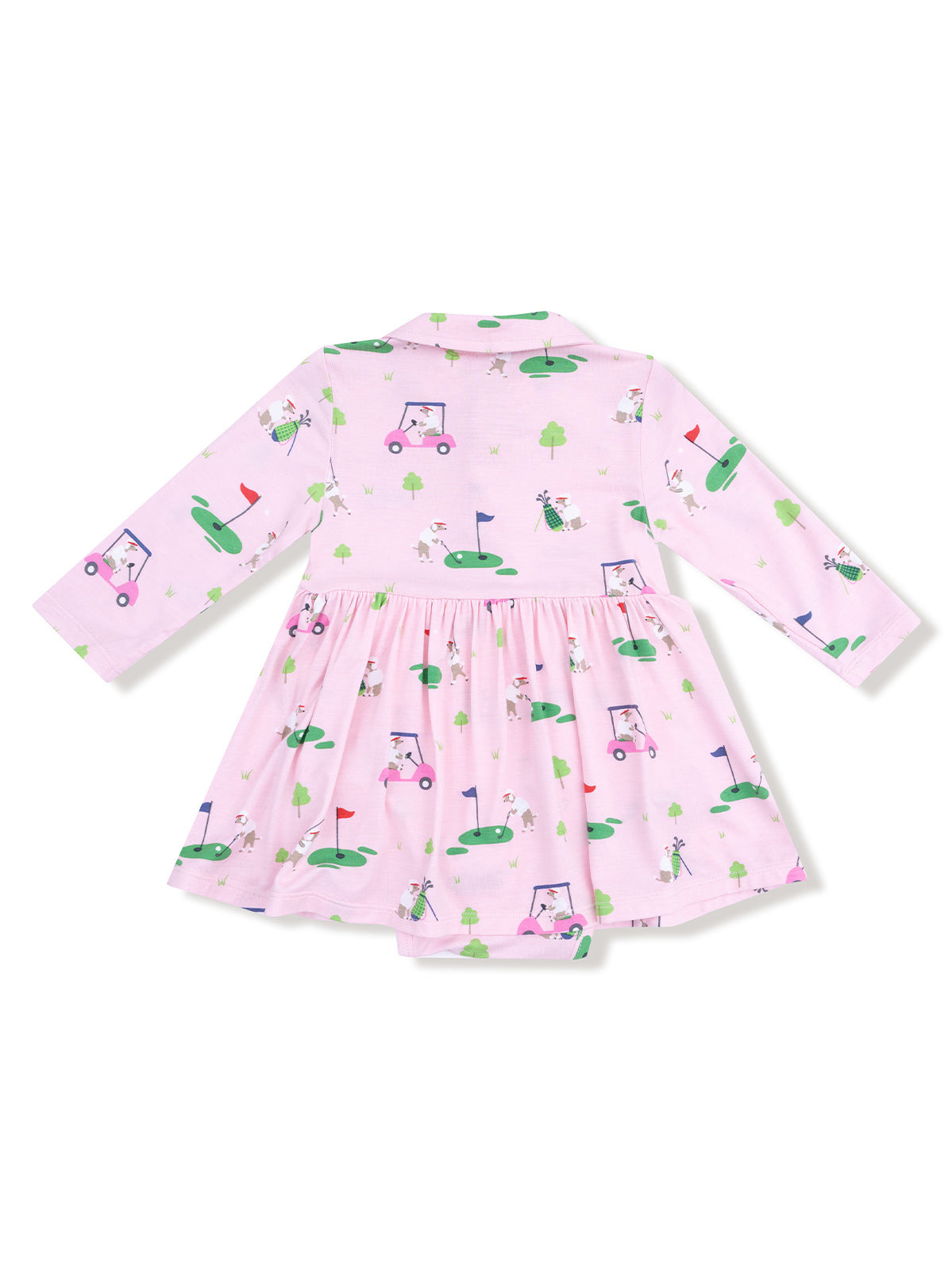 Pink dress with golf-themed print, featuring cars, trees, and golfers, designed for children.