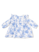 Blue floral dress with ruffled sleeves and a white background, perfect for spring or summer wear.