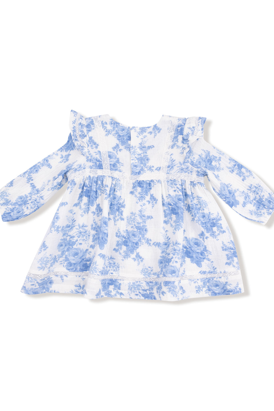 Blue floral dress with ruffled sleeves, designed for young girls, featuring a lightweight and flowy fabric.