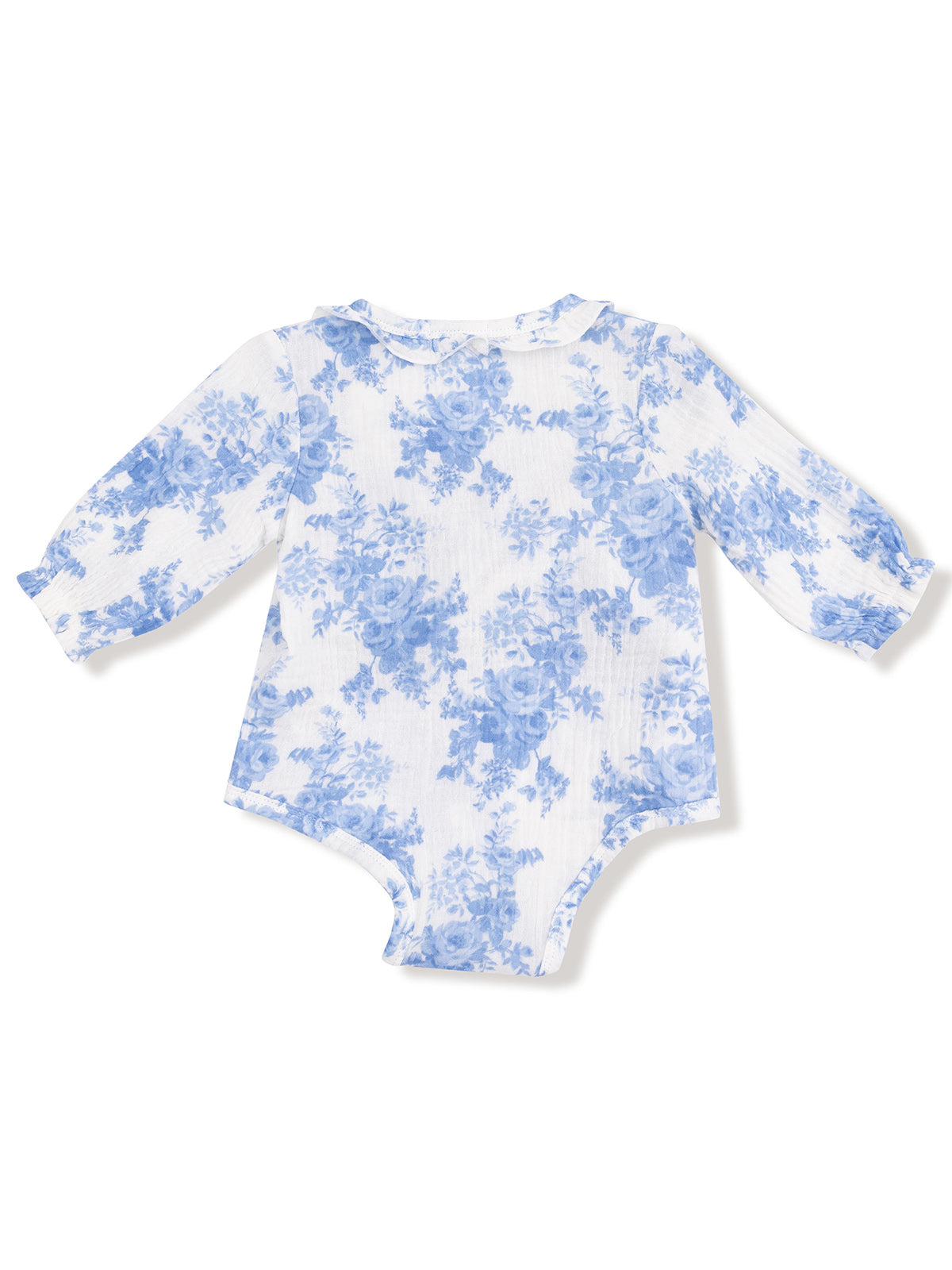 Light blue floral baby bodysuit with long sleeves and collar, designed for comfort and style.