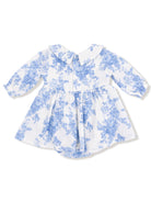 Blue floral dress with a collar and long sleeves, perfect for spring or summer wear.