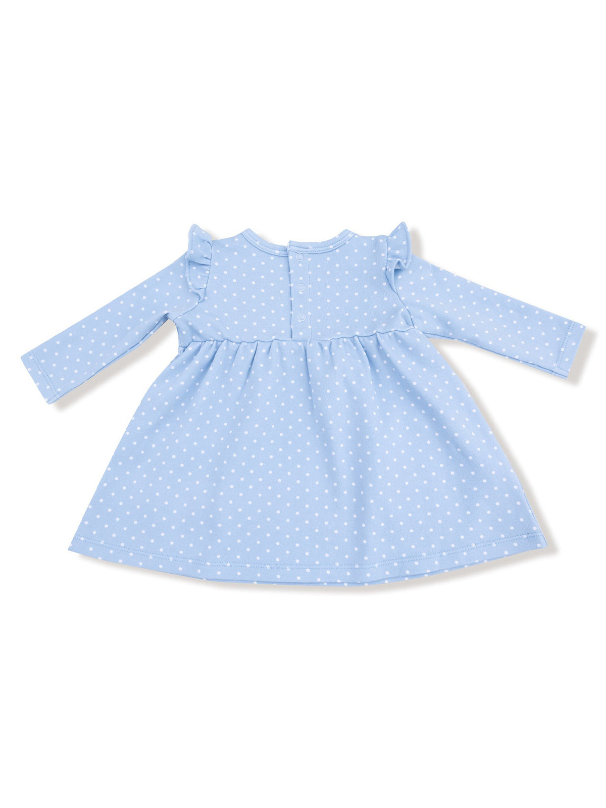 Light blue dress with white polka dots and ruffle sleeves, shown from the back.