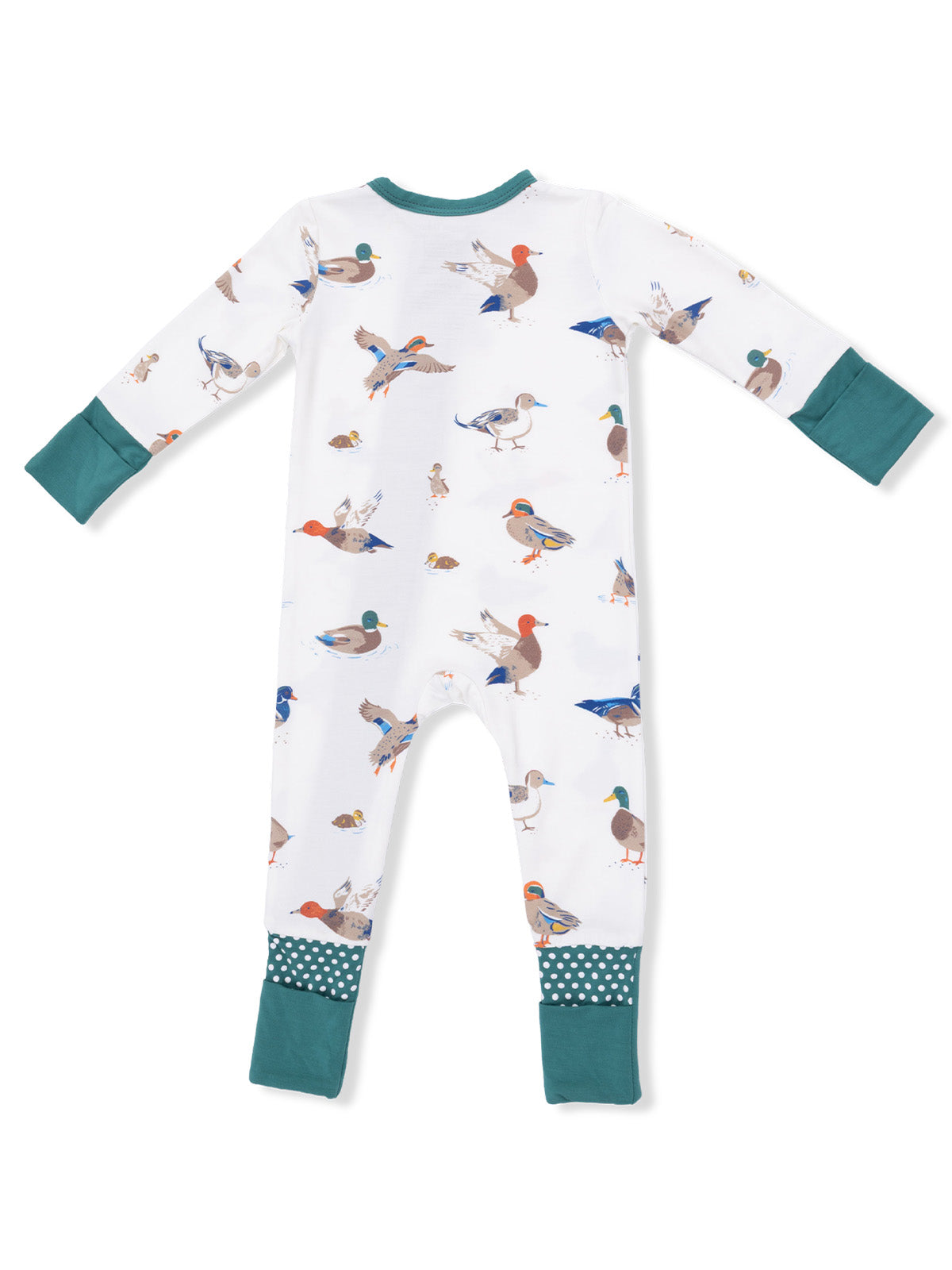 White baby onesie featuring various illustrated ducks and teal cuffs, designed for comfort and style.