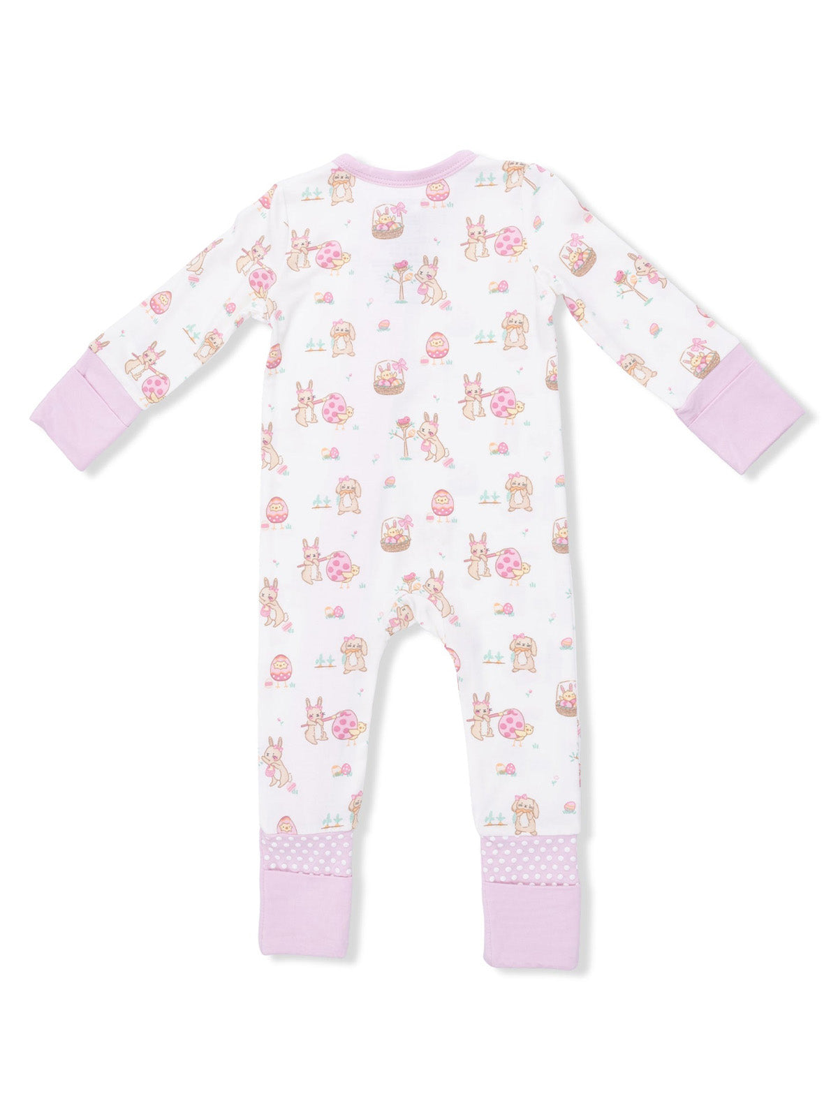 Back view of a children's onesie with playful bunny and egg patterns in pastel colors.