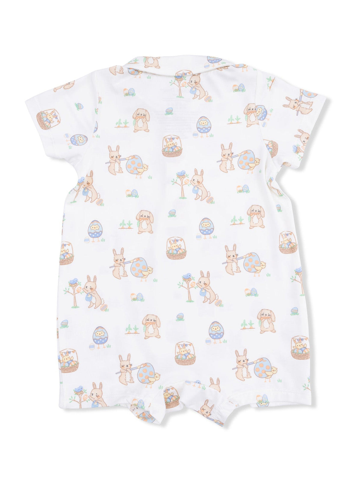 Child's short-sleeve romper featuring cute animals and Easter-themed patterns in pastel colors.