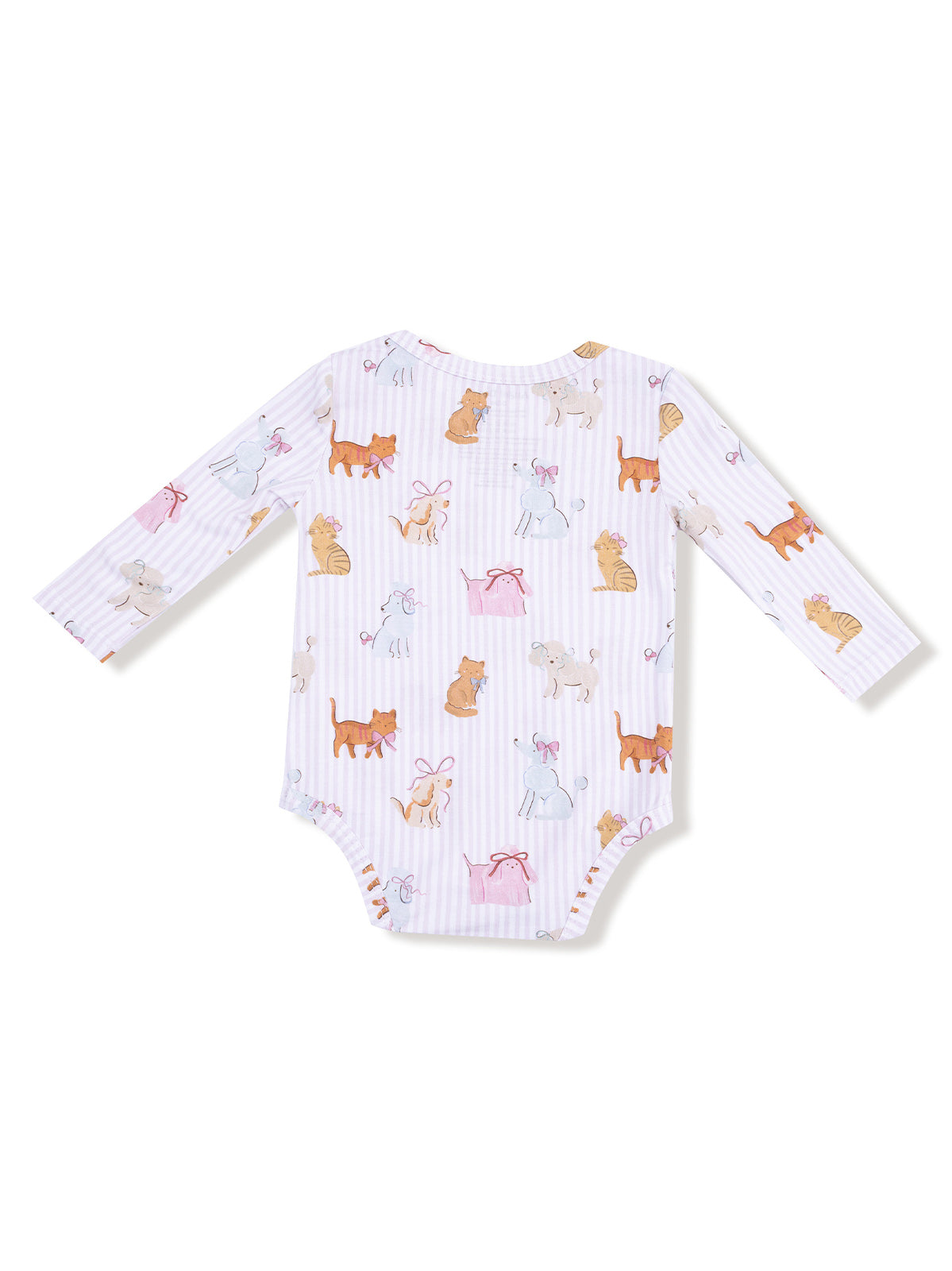 Baby onesie with long sleeves, featuring a playful print of various animals on a light striped background.