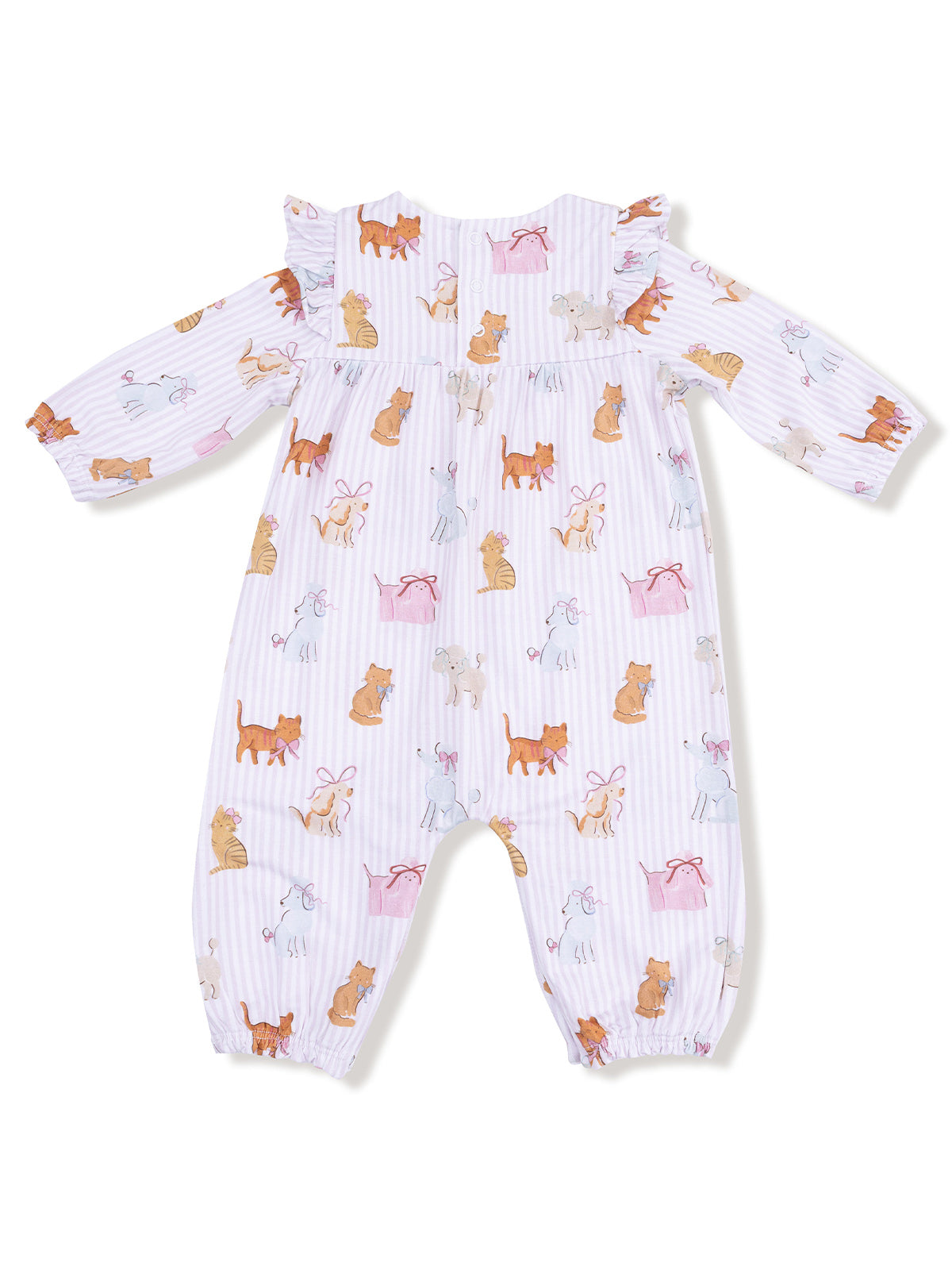 Purple baby romper with animal prints, featuring cats and dogs, designed with ruffled sleeves and elastic cuffs.