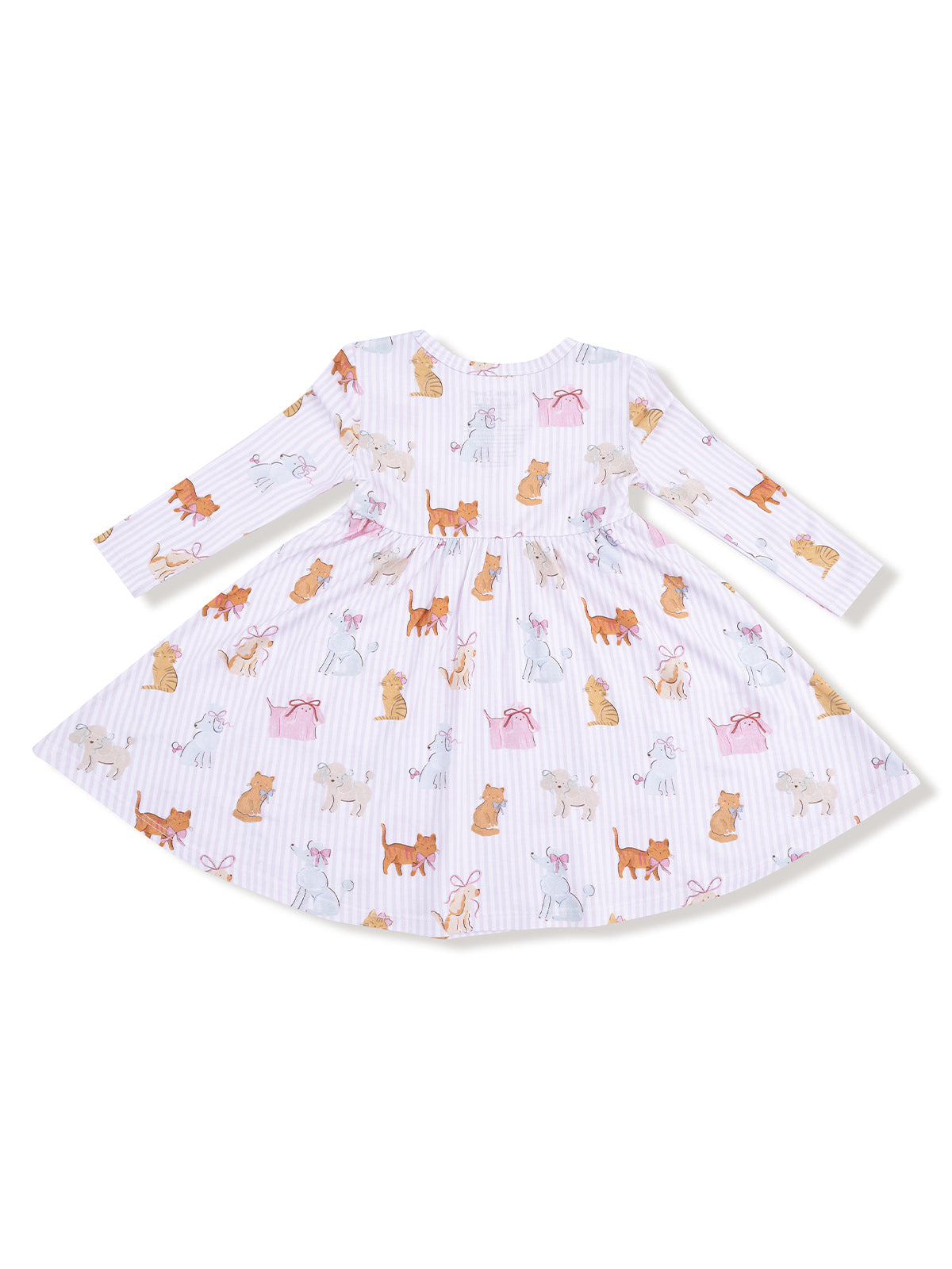 Long-sleeve dress featuring a playful animal print in pastel colors on a striped background.