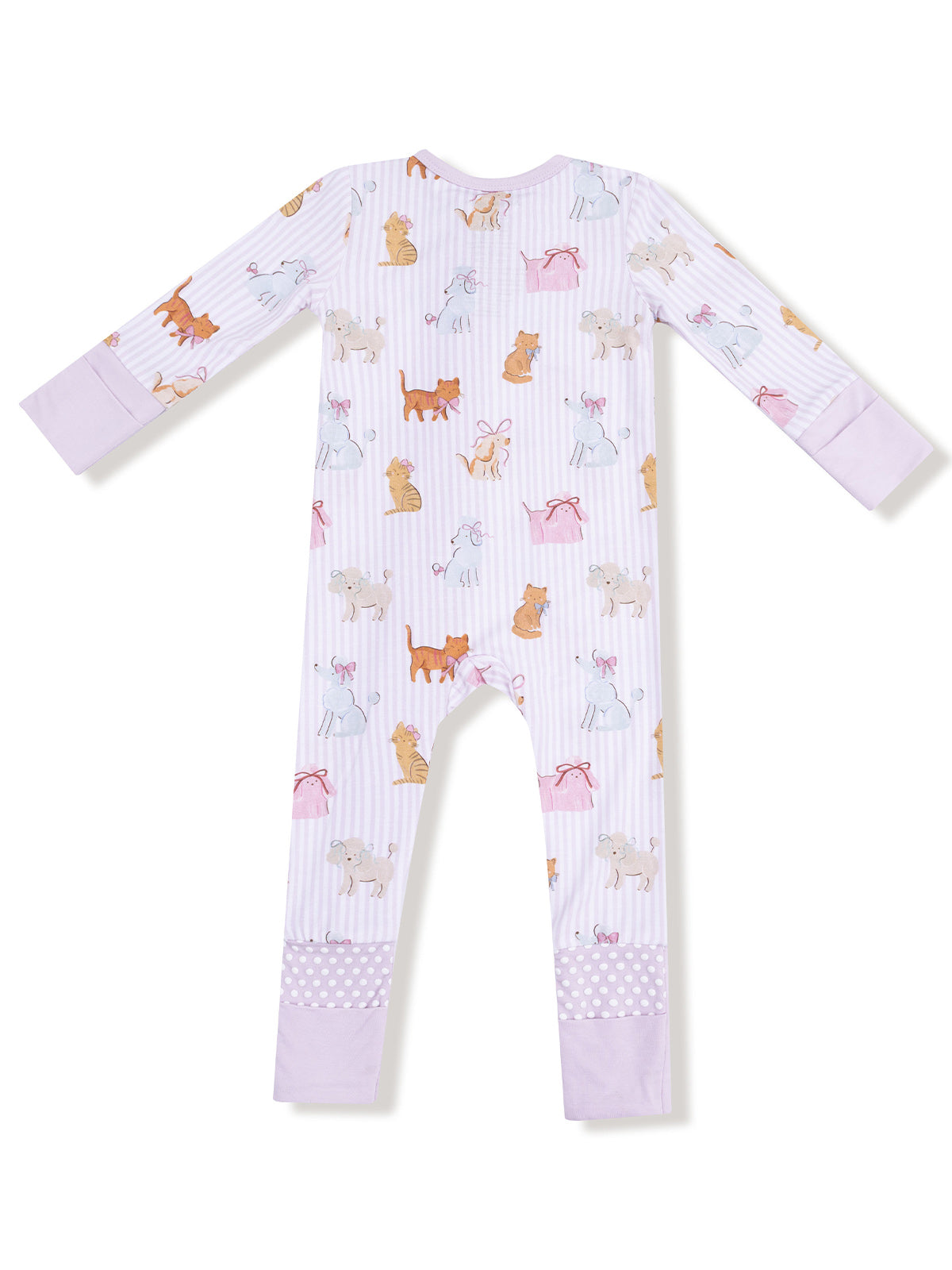Kids' pajamas with playful animal patterns in pastel colors and soft purple accents, featuring long sleeves and footless design.