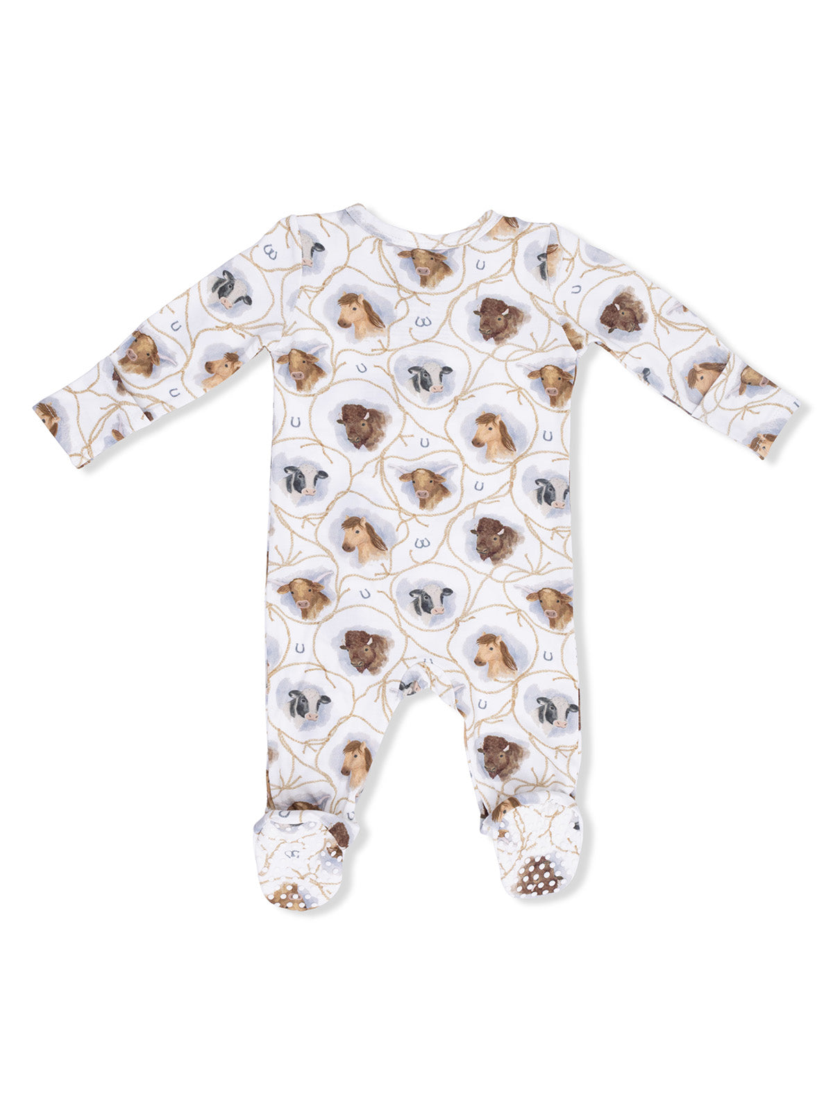White baby onesie with a playful animal print featuring various illustrated dogs.