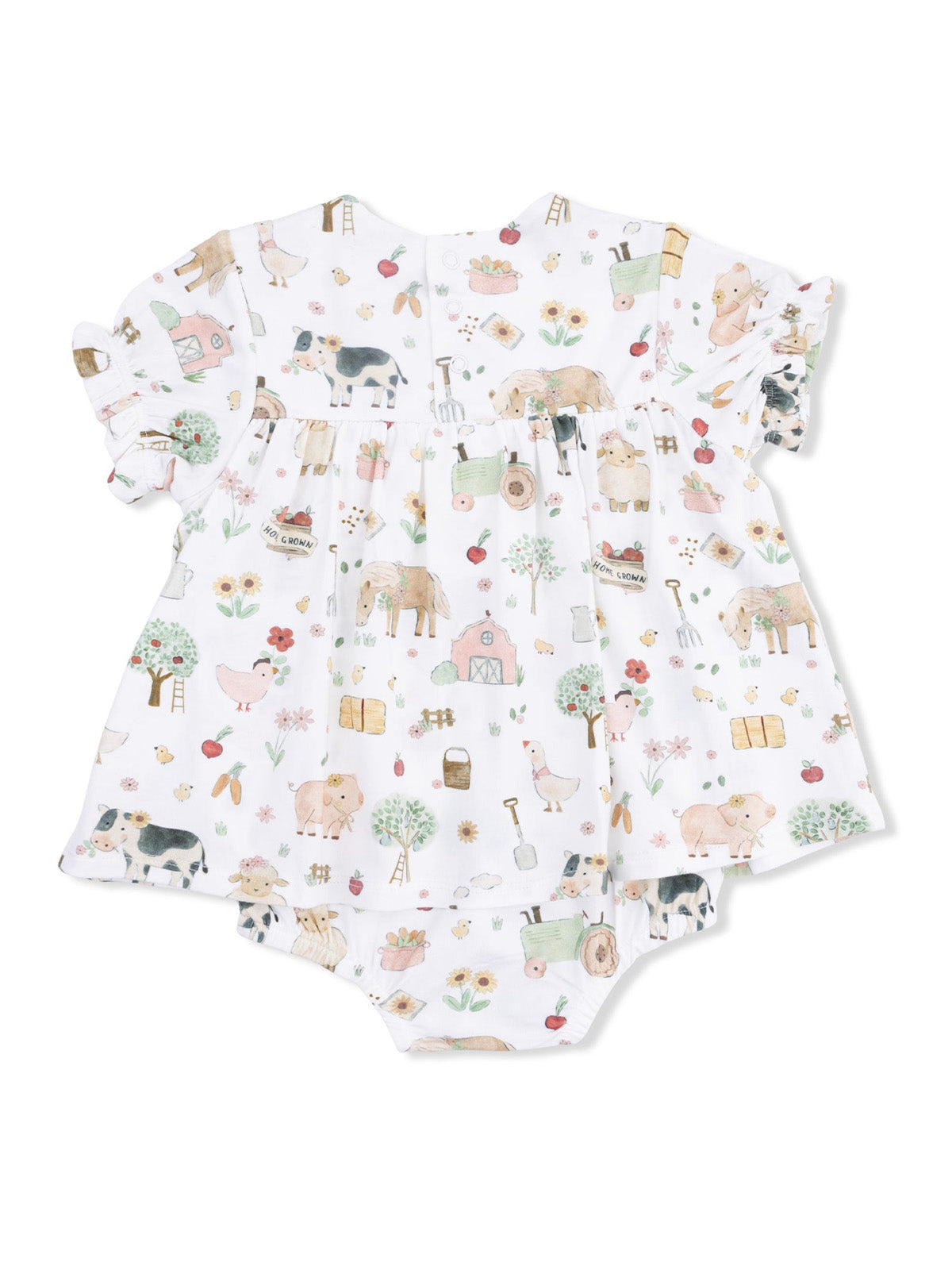 Child's romper suit featuring a pastel farm animal print on a white background.