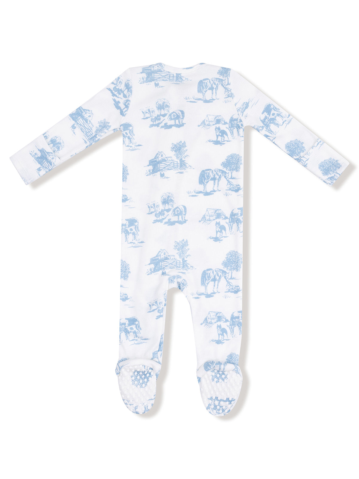 Blue patterned onesie featuring farm scenes with cows, trees, and barns, designed for infants.