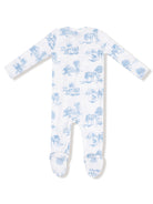 Blue patterned onesie featuring farm scenes with cows, trees, and barns, designed for infants.