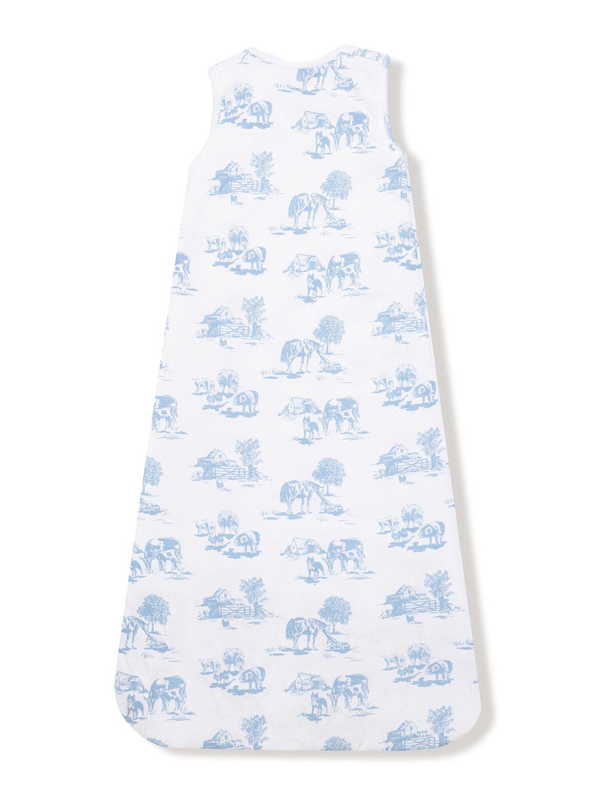 Blue and white toddler sleep sack with farm animal print and pastoral scenes.
