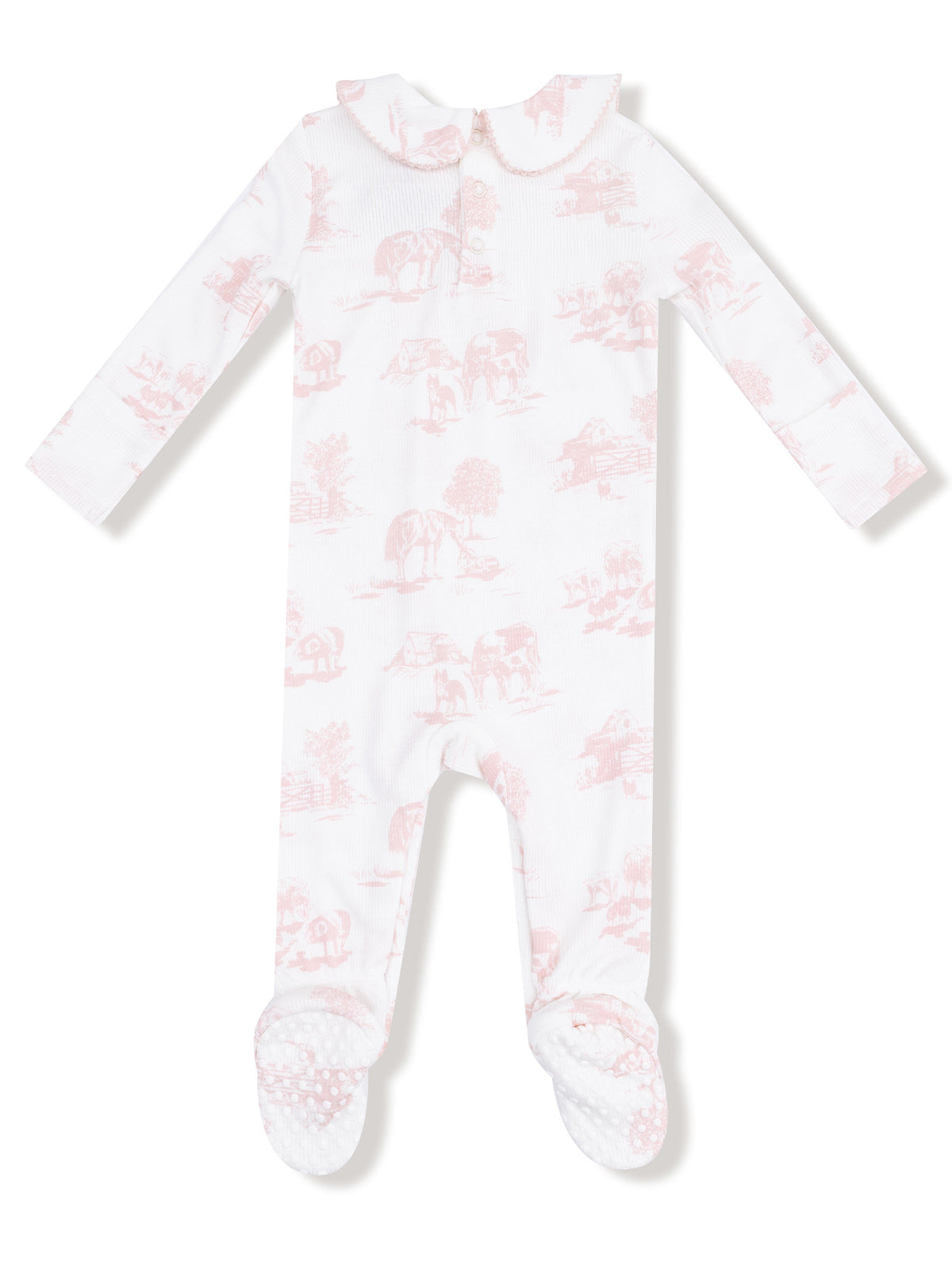 Pink and white children's footed sleeper with farm animal patterns and a Peter Pan collar.