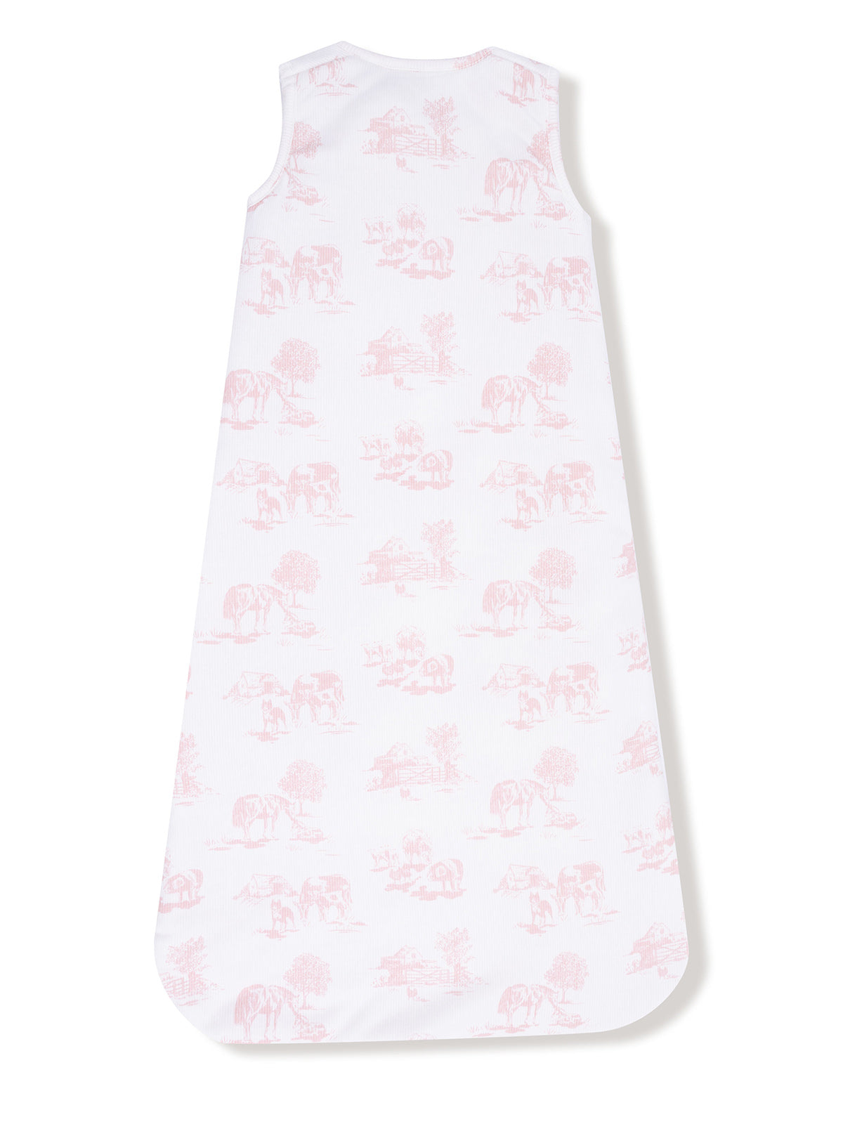 Pink patterned sleep sack featuring farm animals and pastoral scenes on a white background.