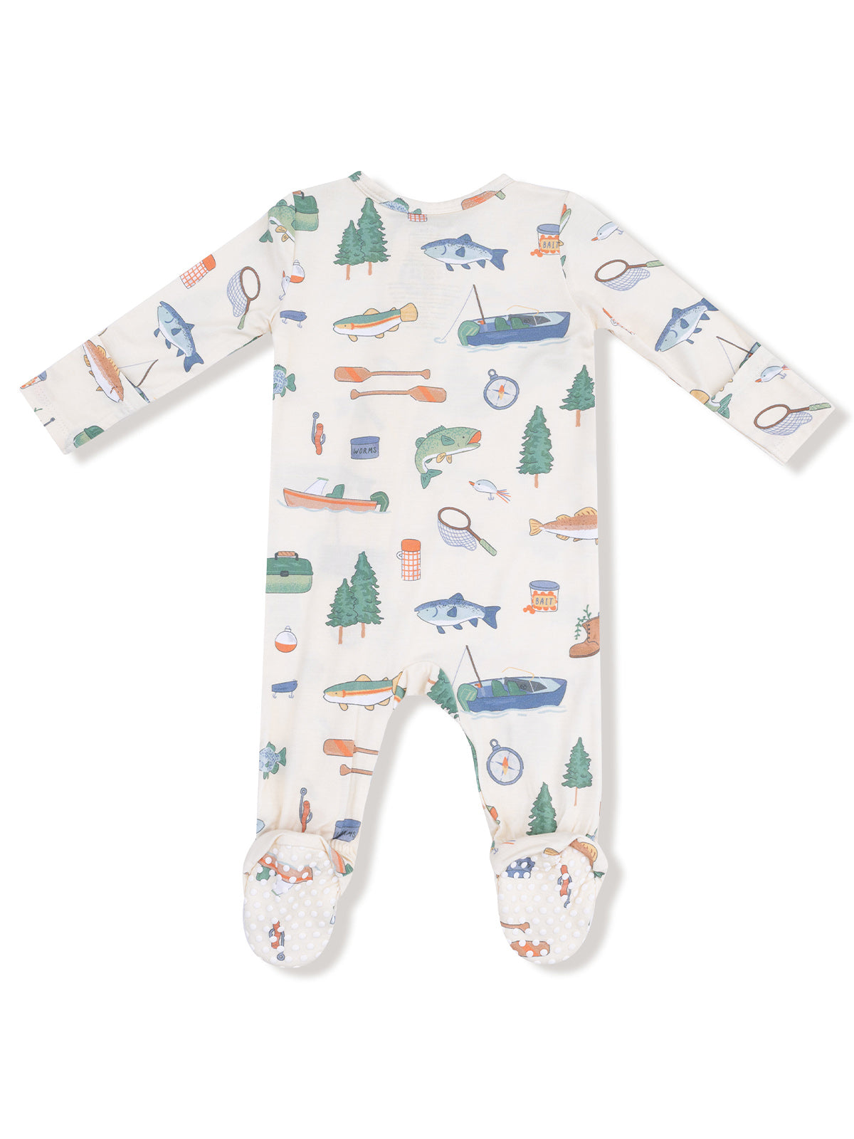Infant pajamas featuring a fun fishing and boating theme with colorful graphics and footed design.