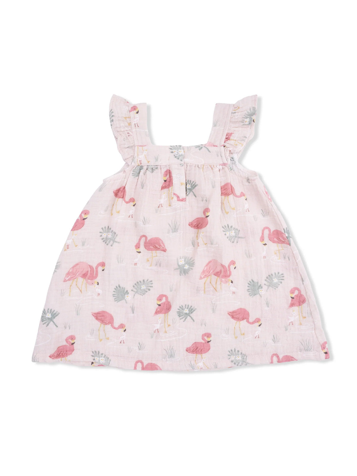 Girls' dress with ruffled straps and pink flamingo print on a light background.