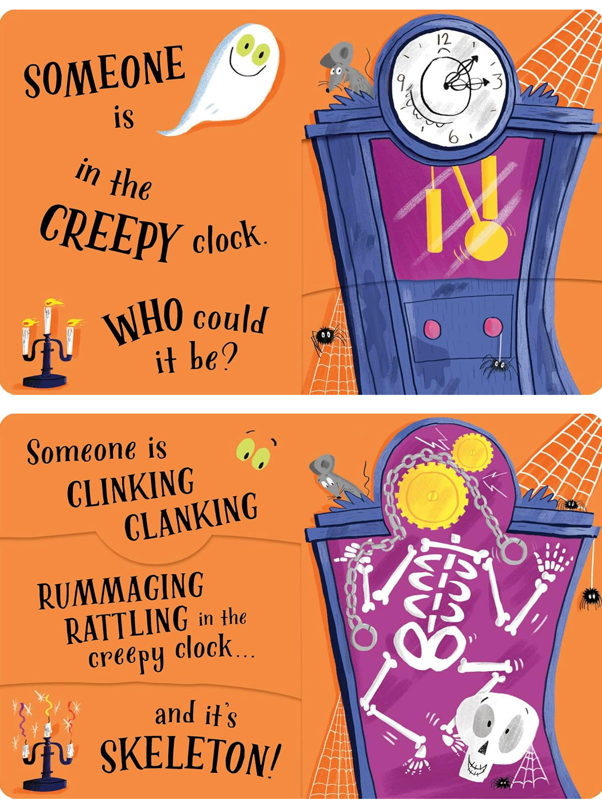Illustration of a spooky clock with a ghost and spider, featuring a skeleton inside. Text invites curiosity about its identity.
