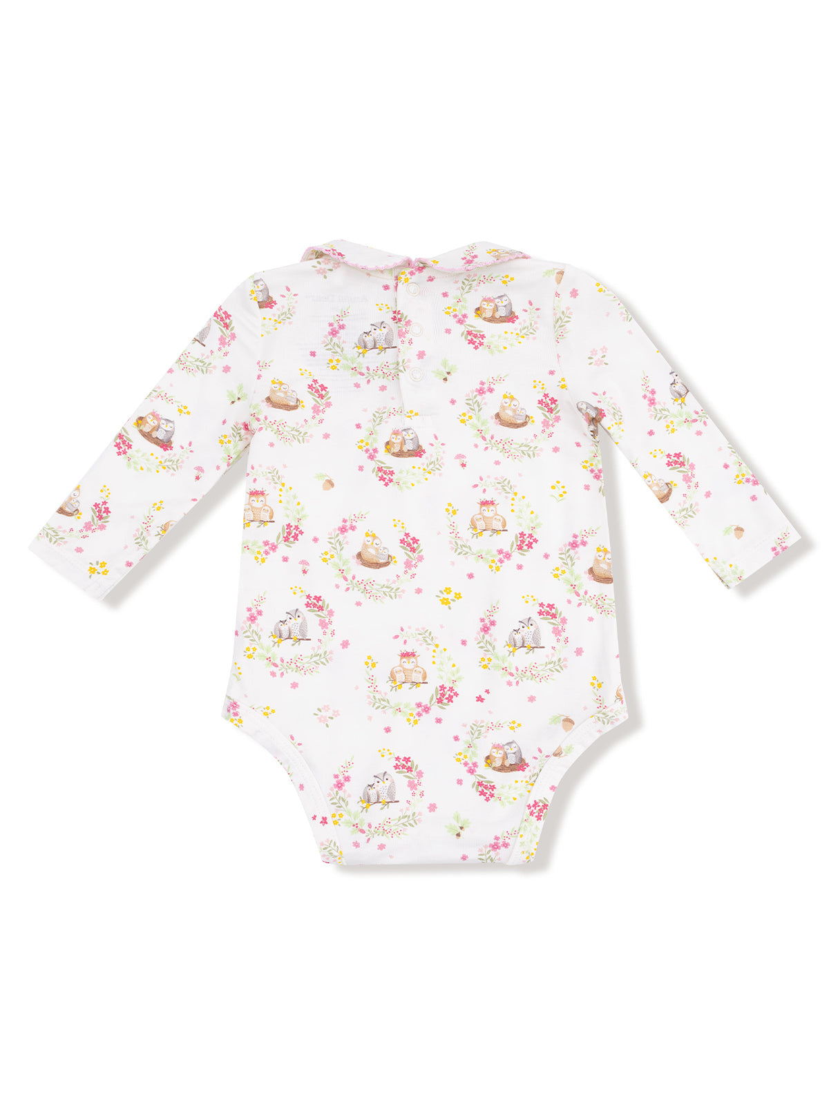 White long-sleeve baby onesie with a floral and animal print pattern.