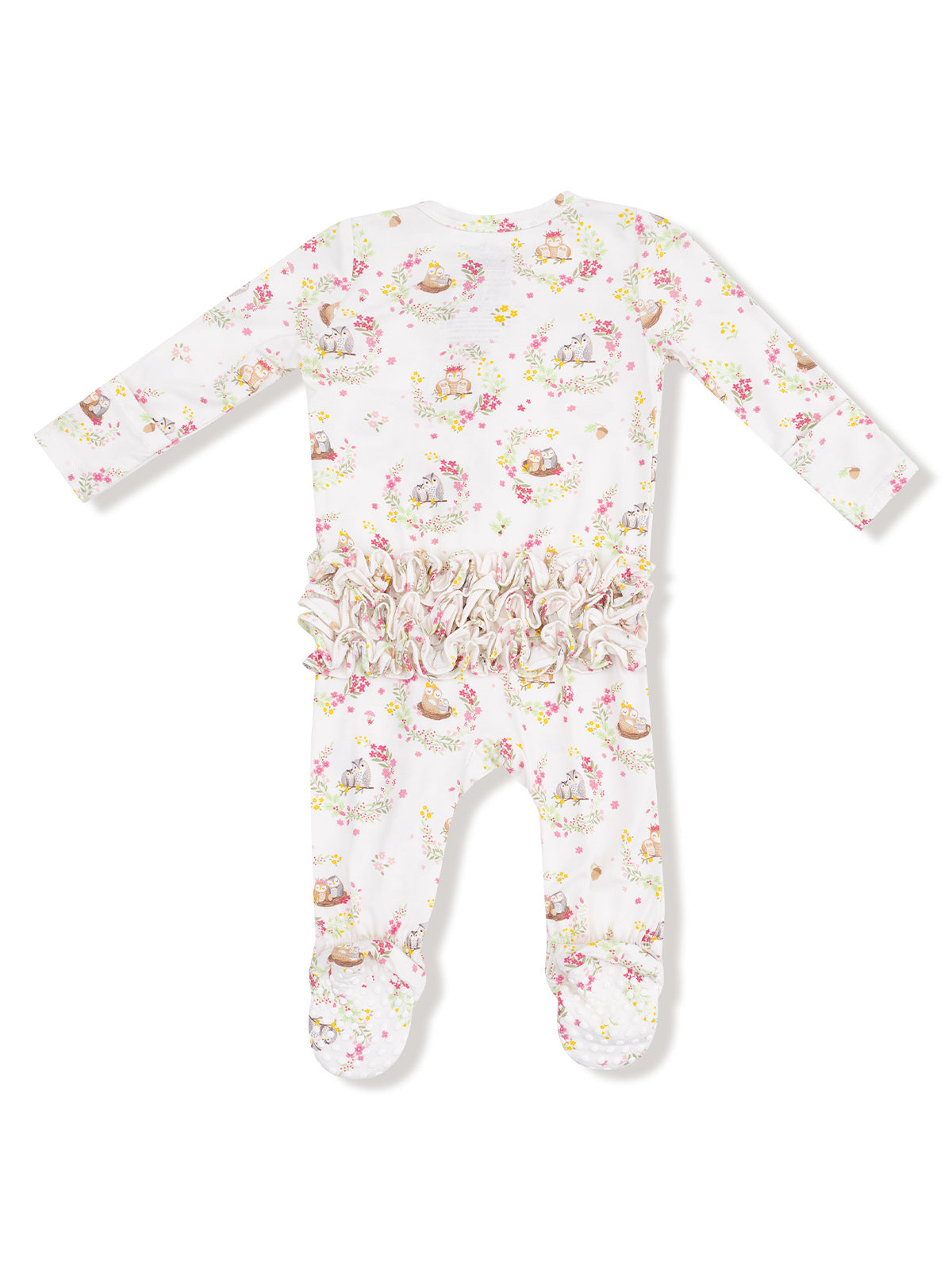 Baby girl’s footed onesie with floral pattern and ruffle detailing in soft pastel colors.