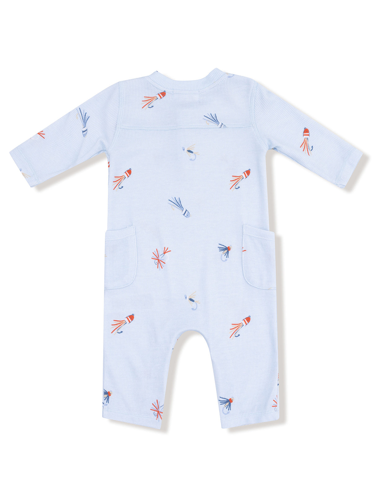 Blue baby onesie with fishing-themed prints, featuring long sleeves and two front pockets.