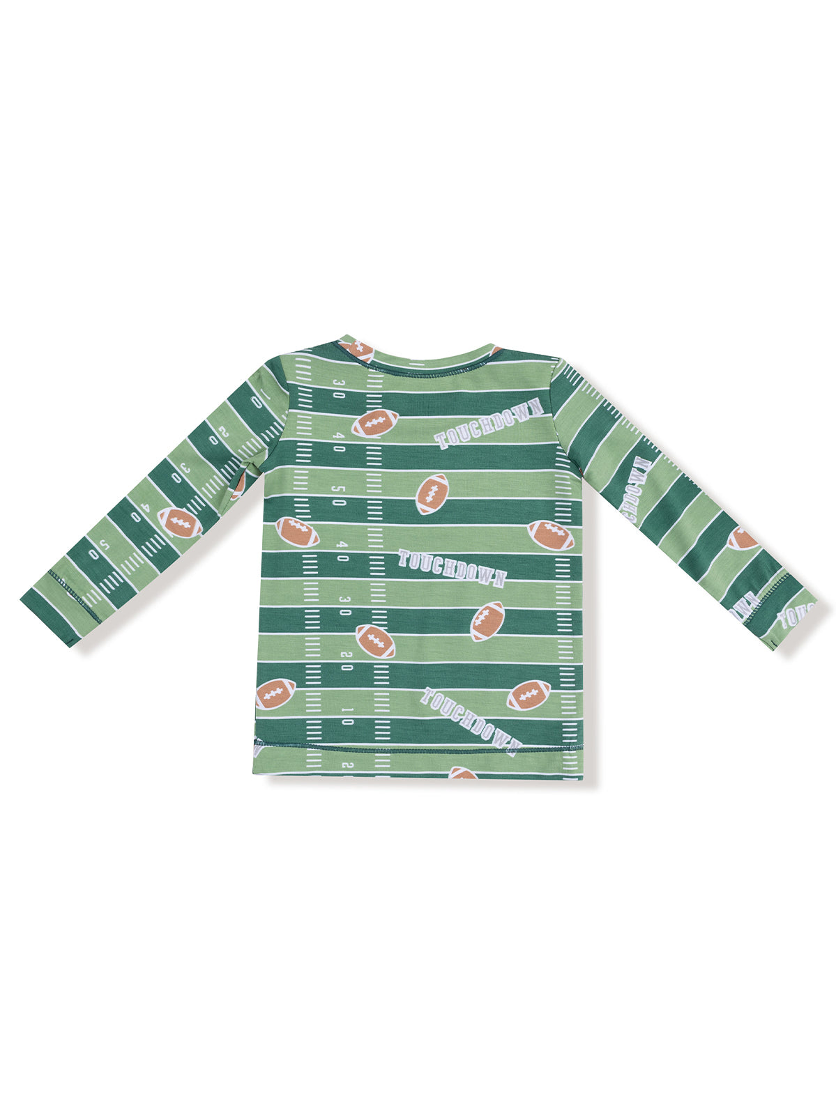 Green long-sleeve shirt featuring a football field design with "Touchdown" text and football graphics.