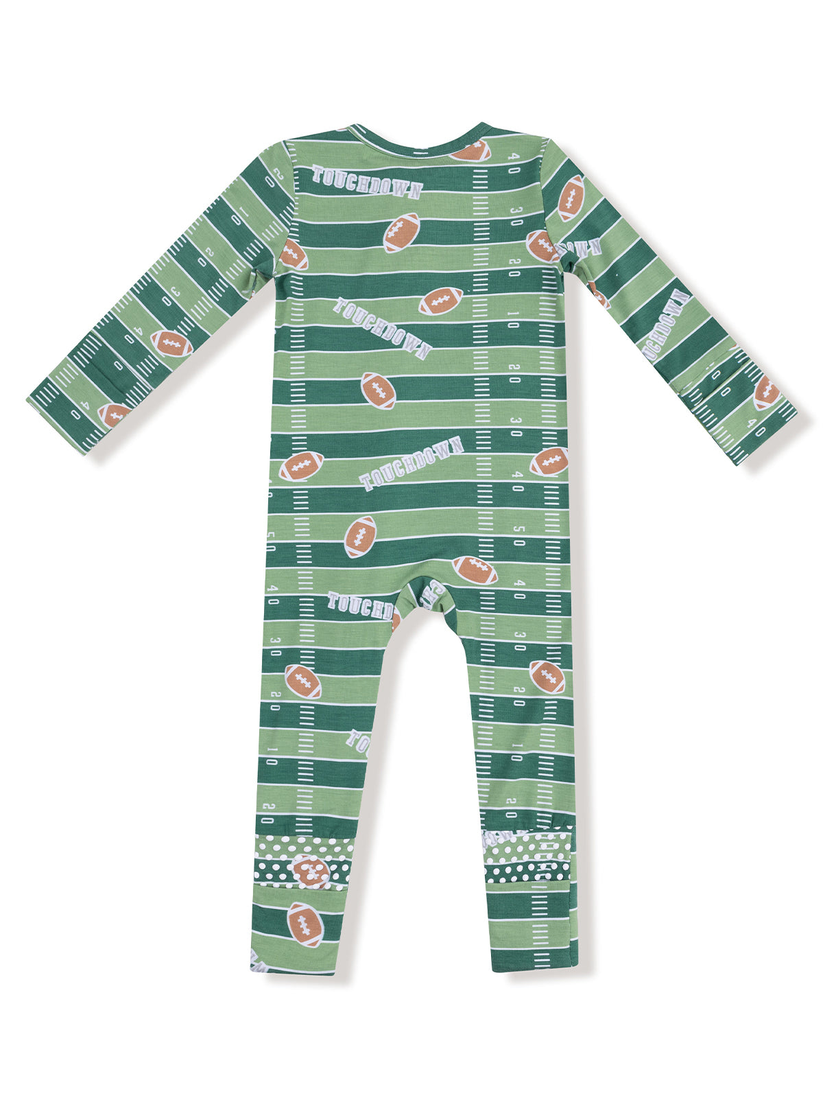 Green football-themed onesie featuring "Touchdown" text and field markings. Long sleeves and snug fit.